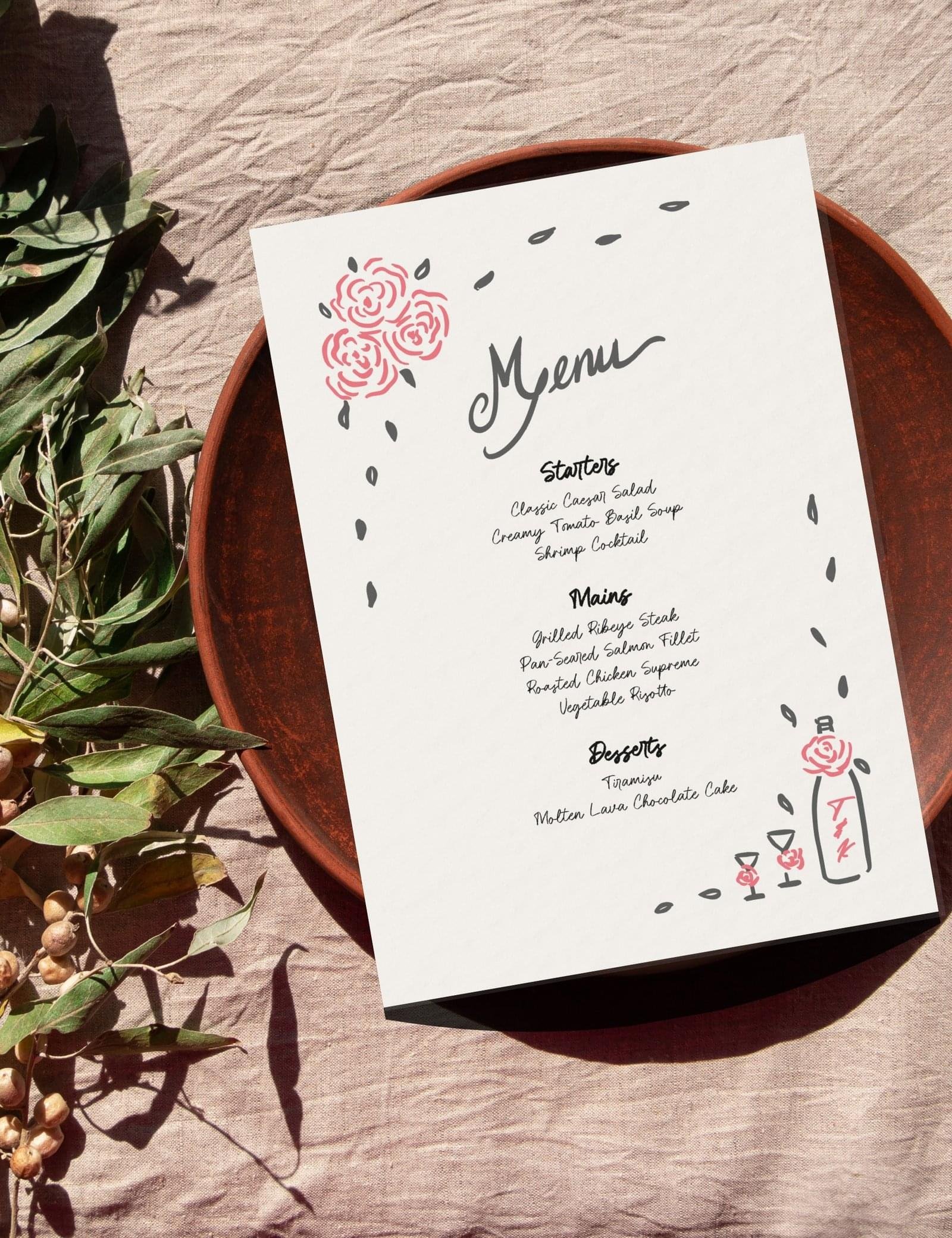 whimsical hand drawn rose vine frame menu card template by munikoz