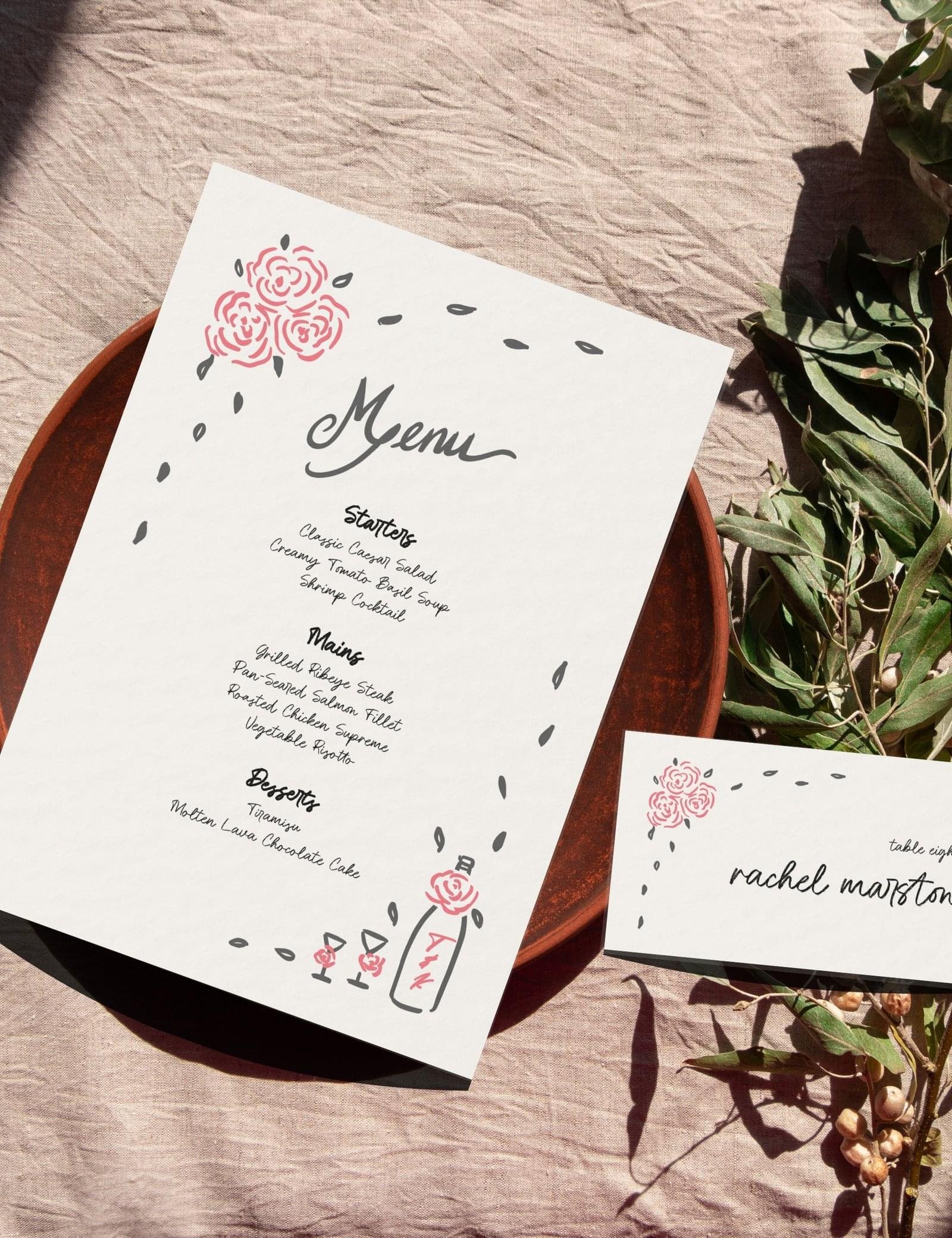 whimsical hand drawn rose vine frame menu and place card template by munikoz