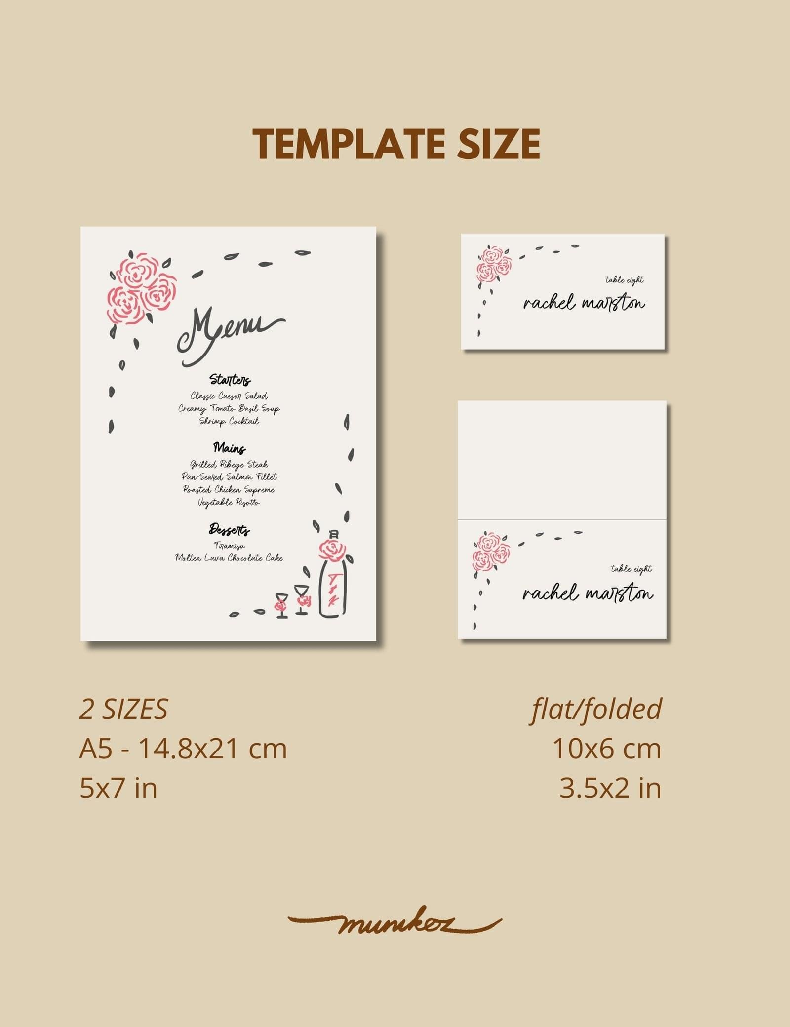 whimsical hand drawn rose vine frame menu and place card template by munikoz