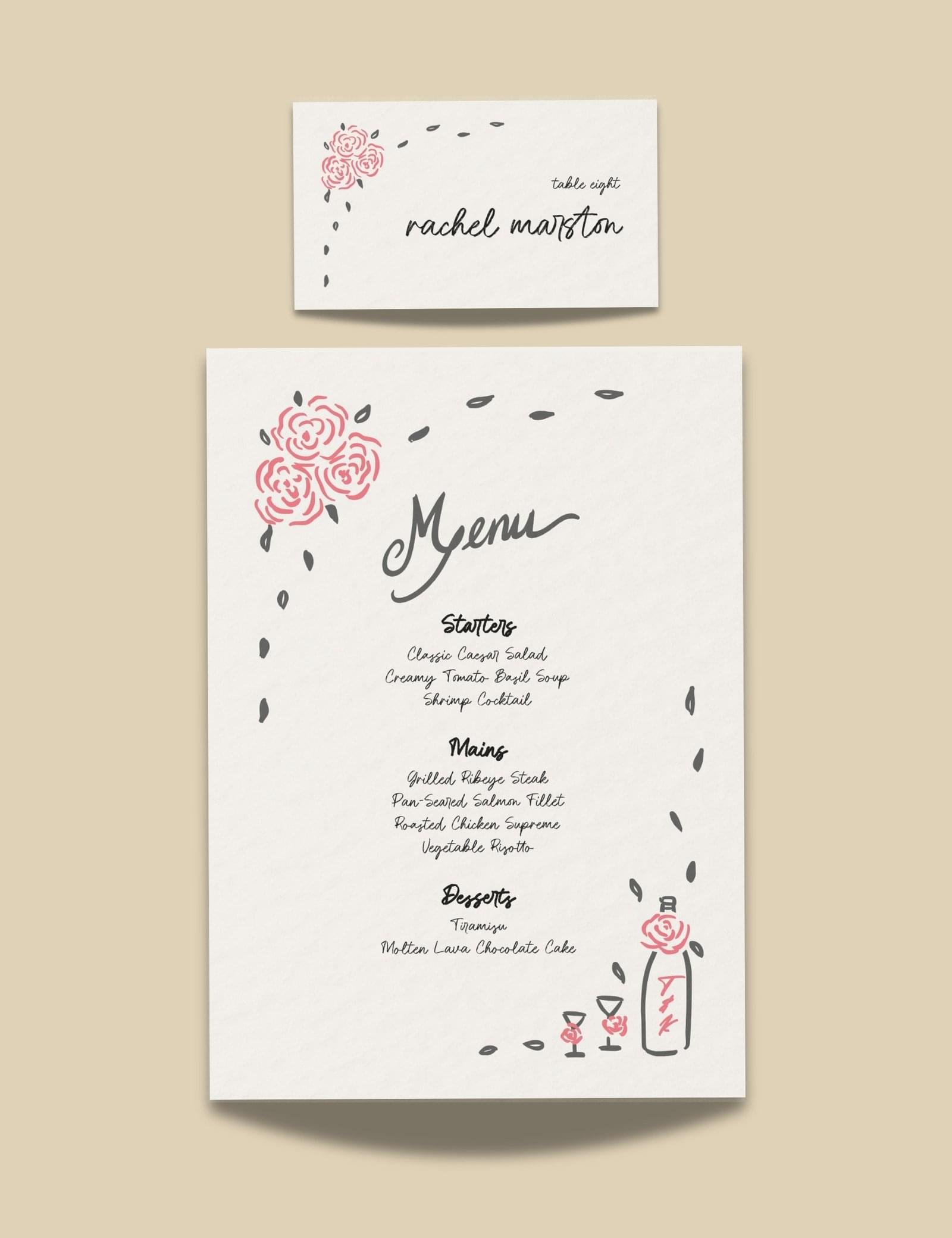 whimsical hand drawn rose vine frame menu and place card template by munikoz