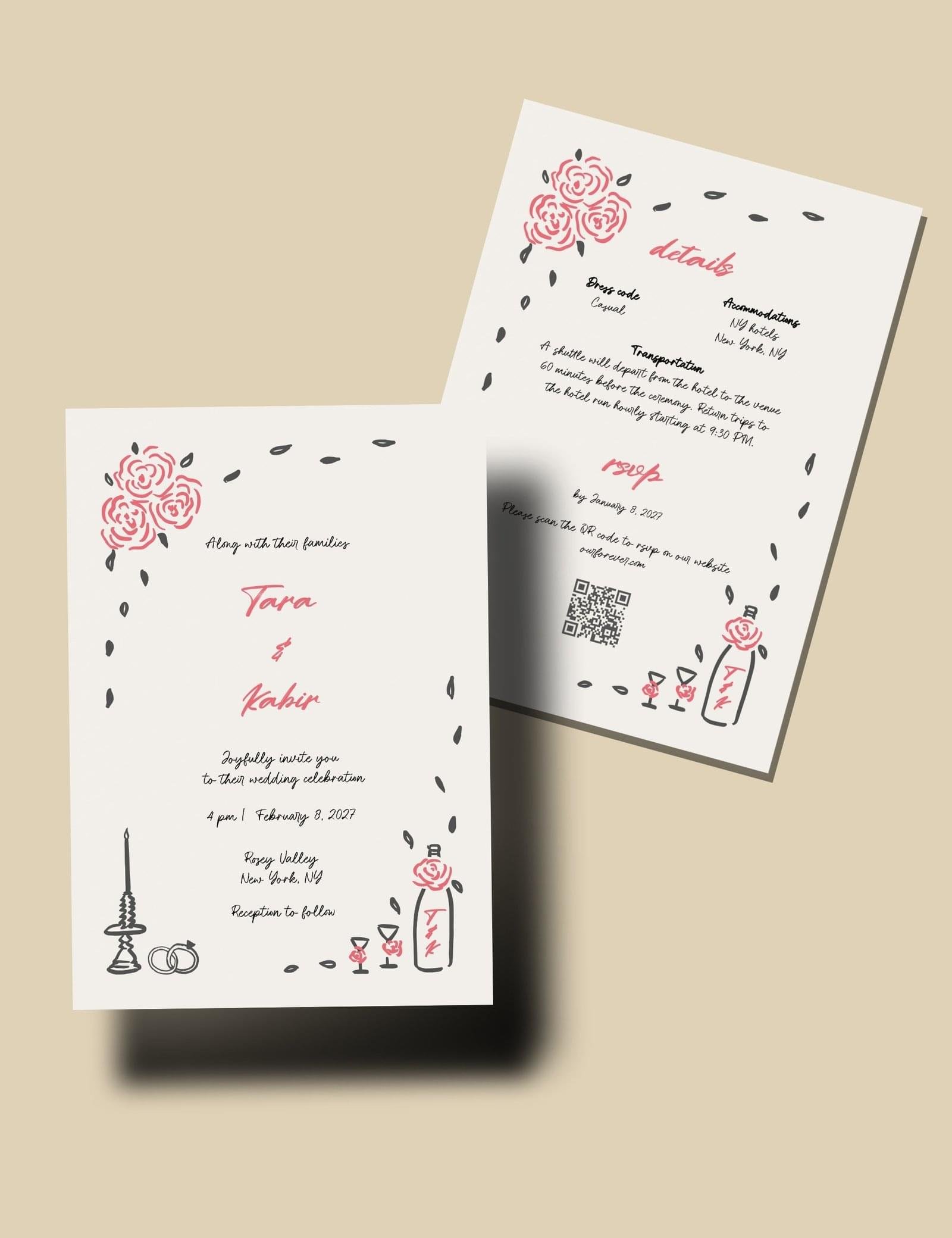 whimsical hand drawn rose vine frame wedding invitation template by munikoz