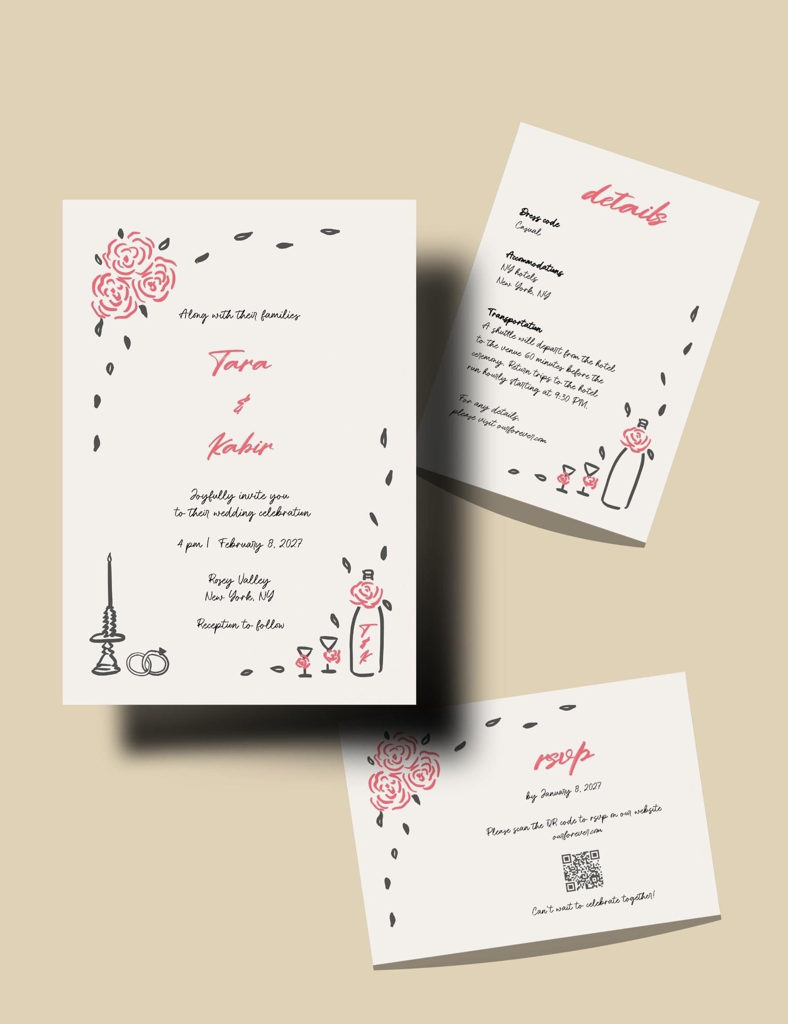 whimsical hand drawn rose vine frame wedding invitation template set by munikoz