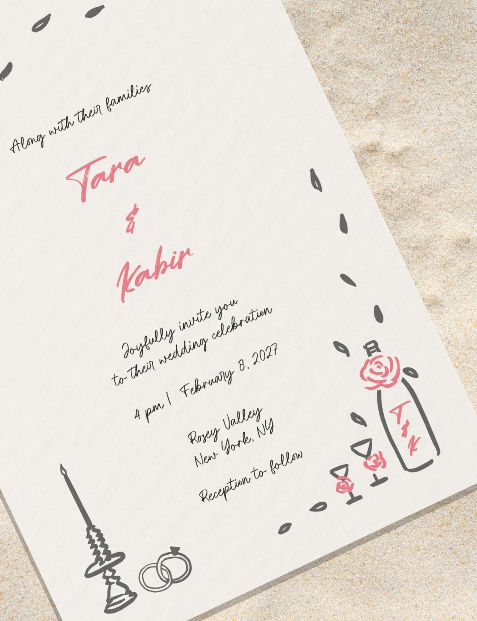 whimsical hand drawn rose vine frame wedding invitation template by munikoz