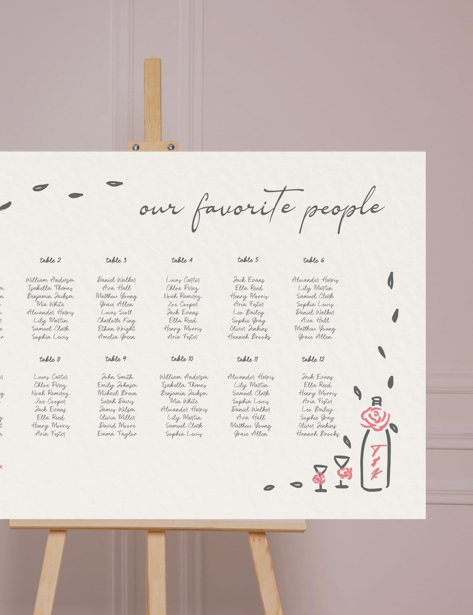 whimsical hand drawn rose vine frame seating chart by munikoz