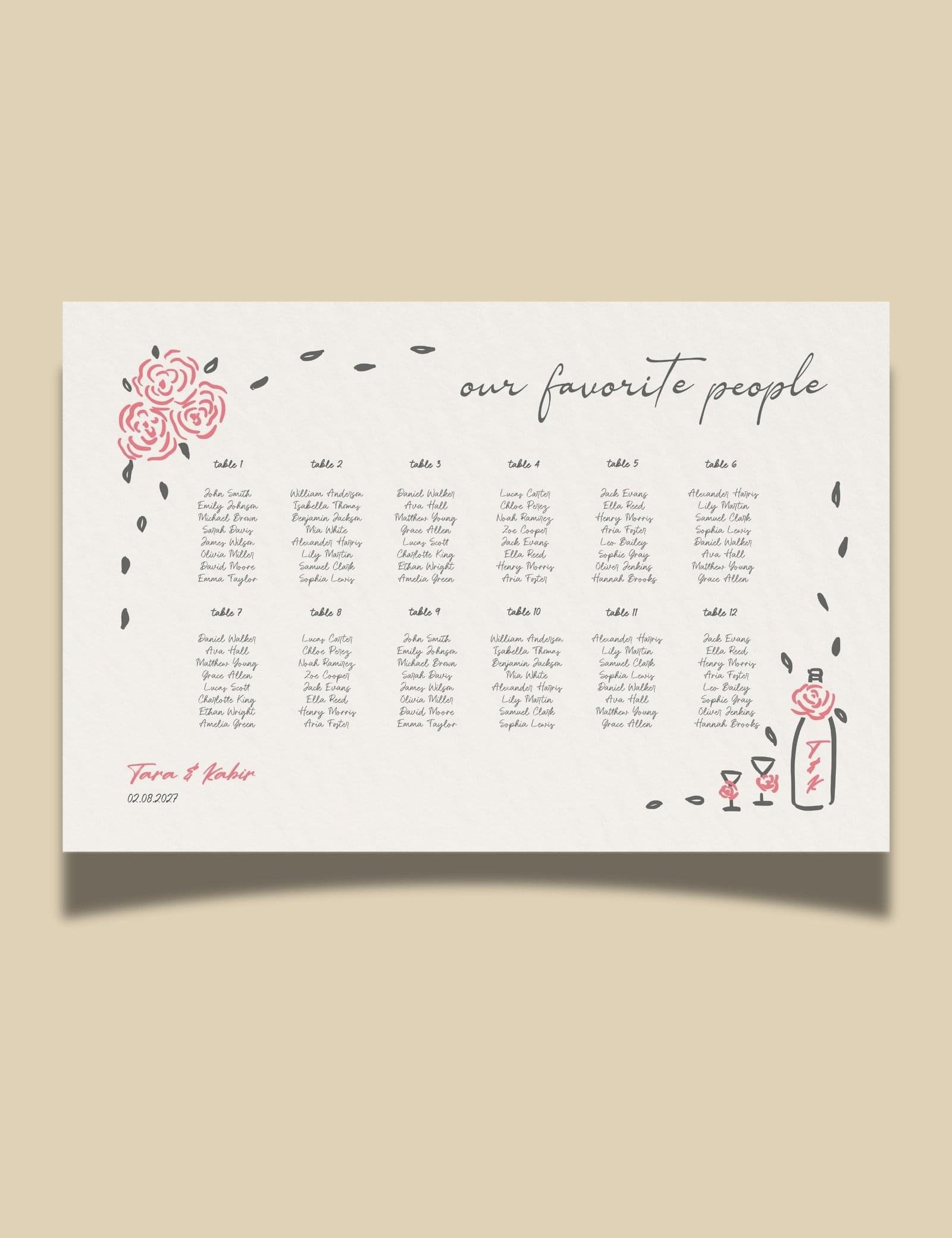 whimsical hand drawn rose vine frame seating chart by munikoz