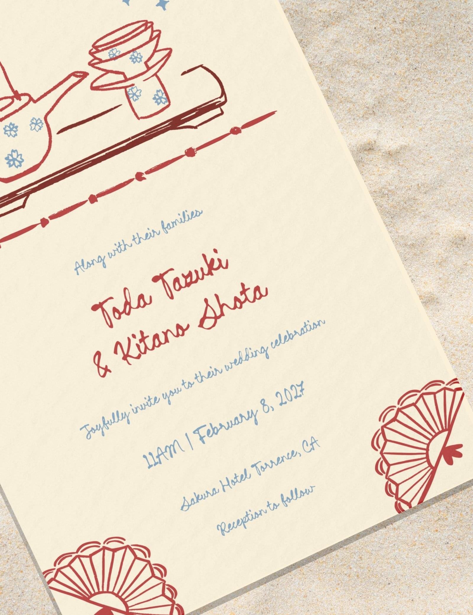 Japan inspired WEDDING INVITATION template Hand drawn Japanese tradition San san kudo ceremony illustration Modern Shinto wedding card by munikoz