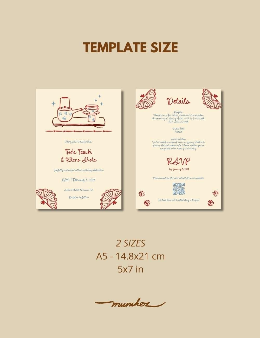 Japan inspired WEDDING INVITATION template Hand drawn Japanese tradition San san kudo ceremony illustration Modern Shinto wedding card by munikoz