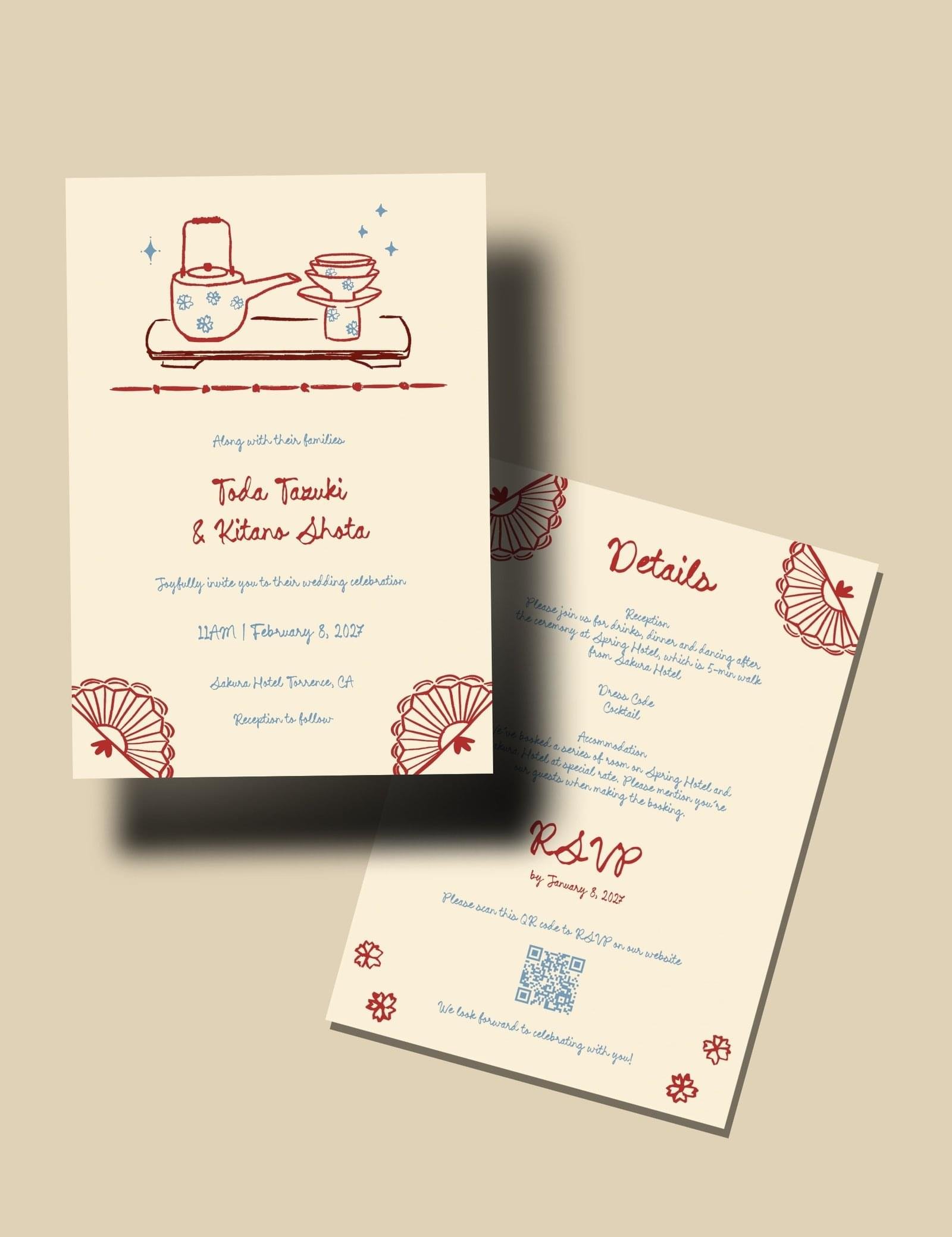 Japan inspired WEDDING INVITATION template Hand drawn Japanese tradition San san kudo ceremony illustration Modern Shinto wedding card by munikoz