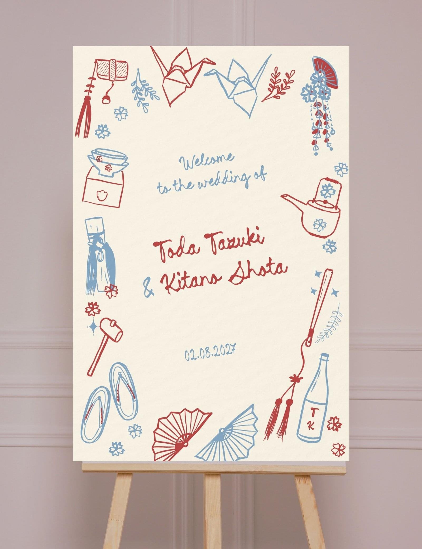 Hand drawn Japanese wedding illustration Modern whimsical destination wedding welcome sign template by munikoz