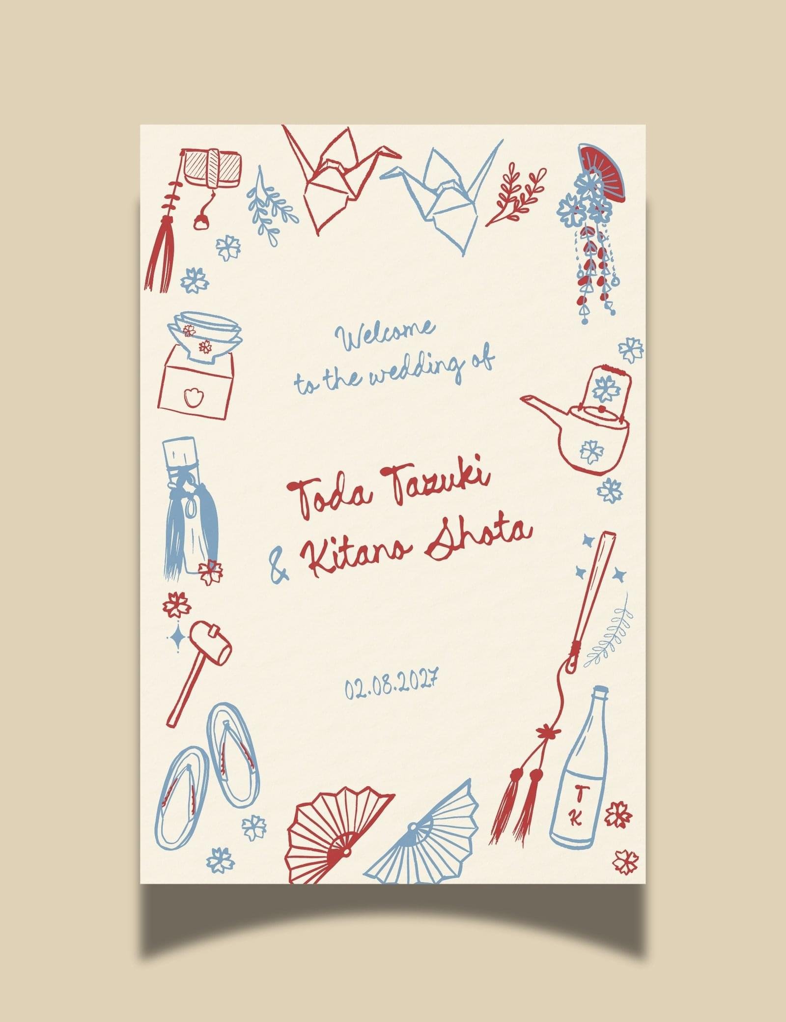 Hand drawn Japanese wedding illustration Modern whimsical destination wedding welcome sign template by munikoz