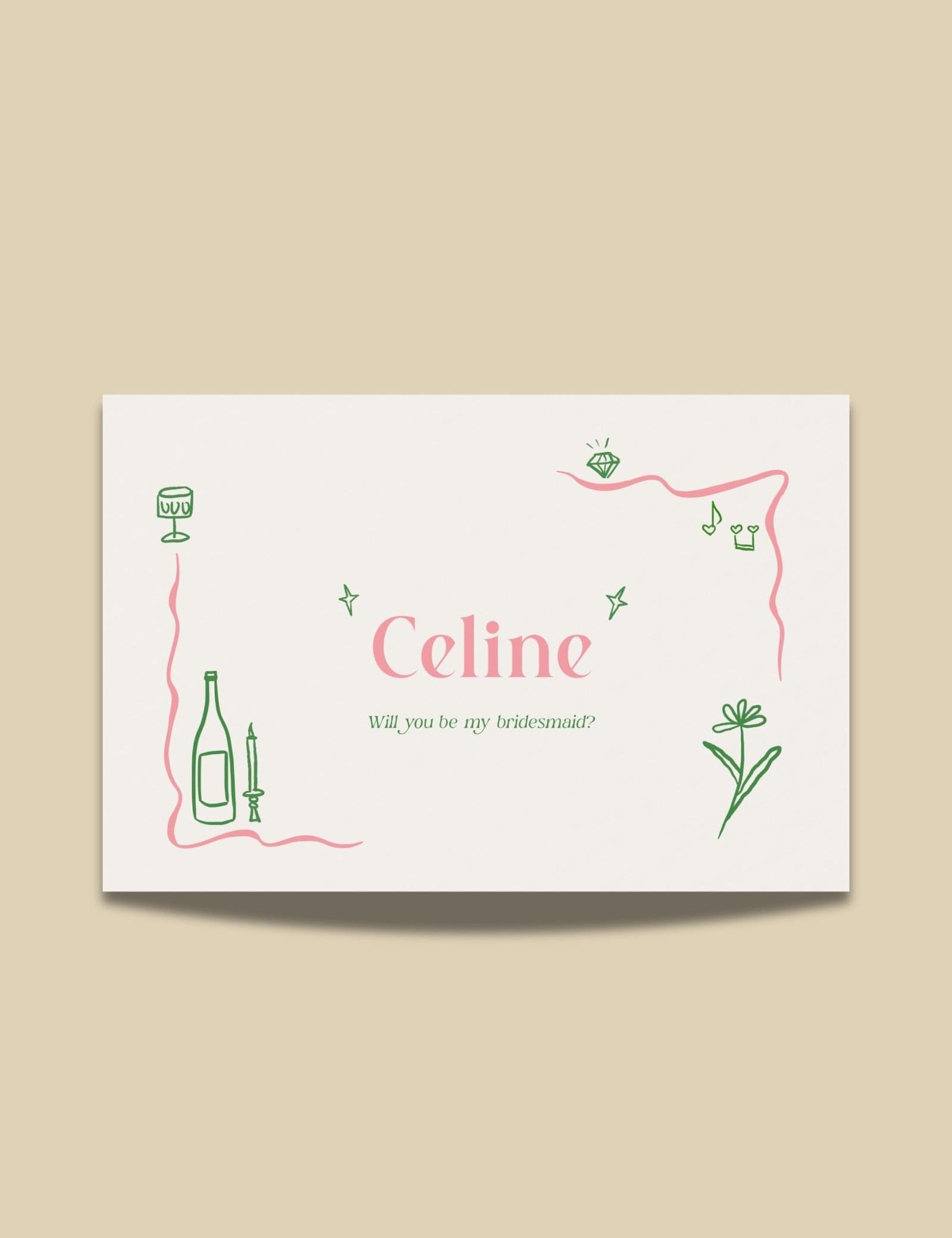 pink curvy line with silly party doodles bridesmaid proposal card template by munikoz