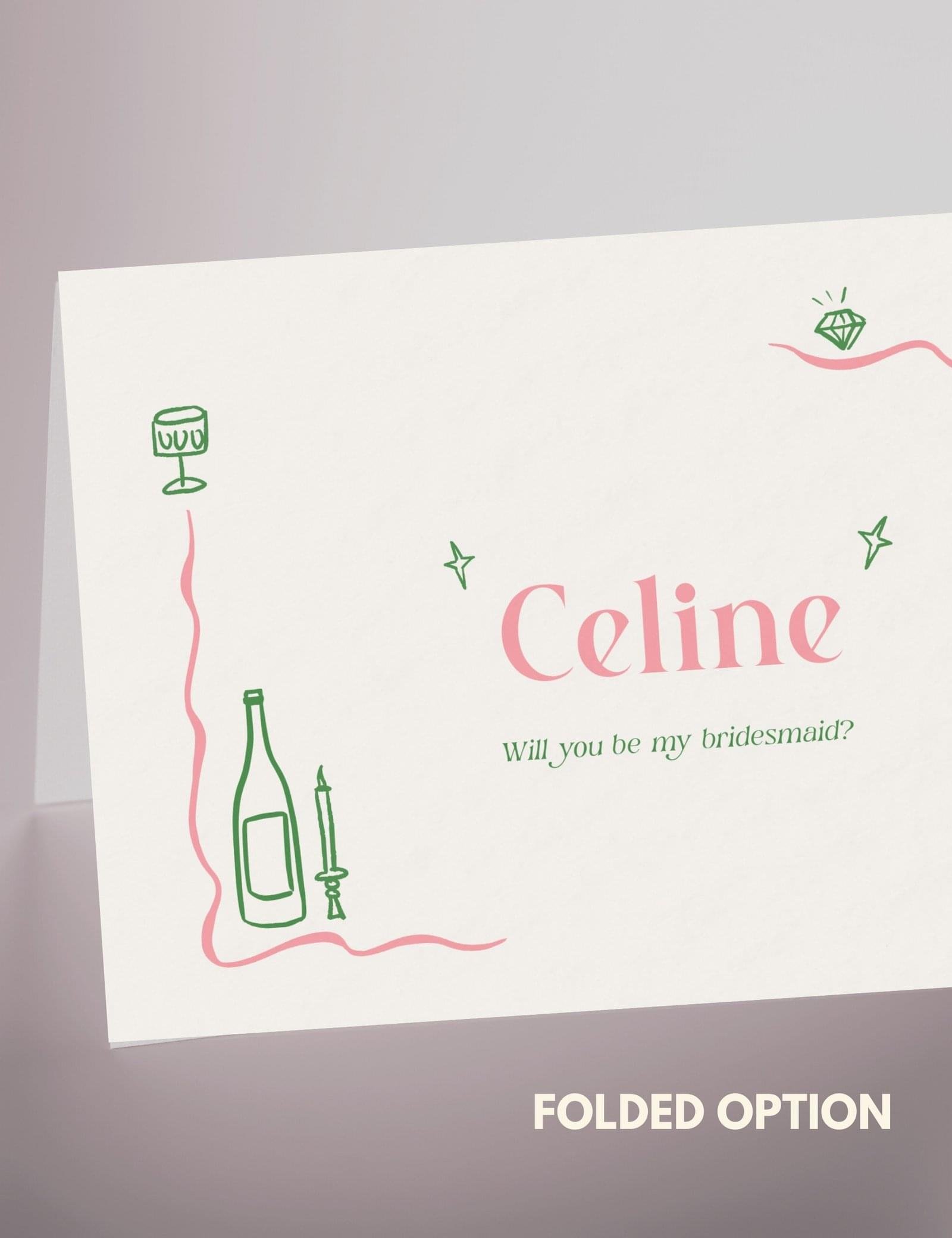 pink curvy line with silly party doodles bridesmaid proposal card template by munikoz