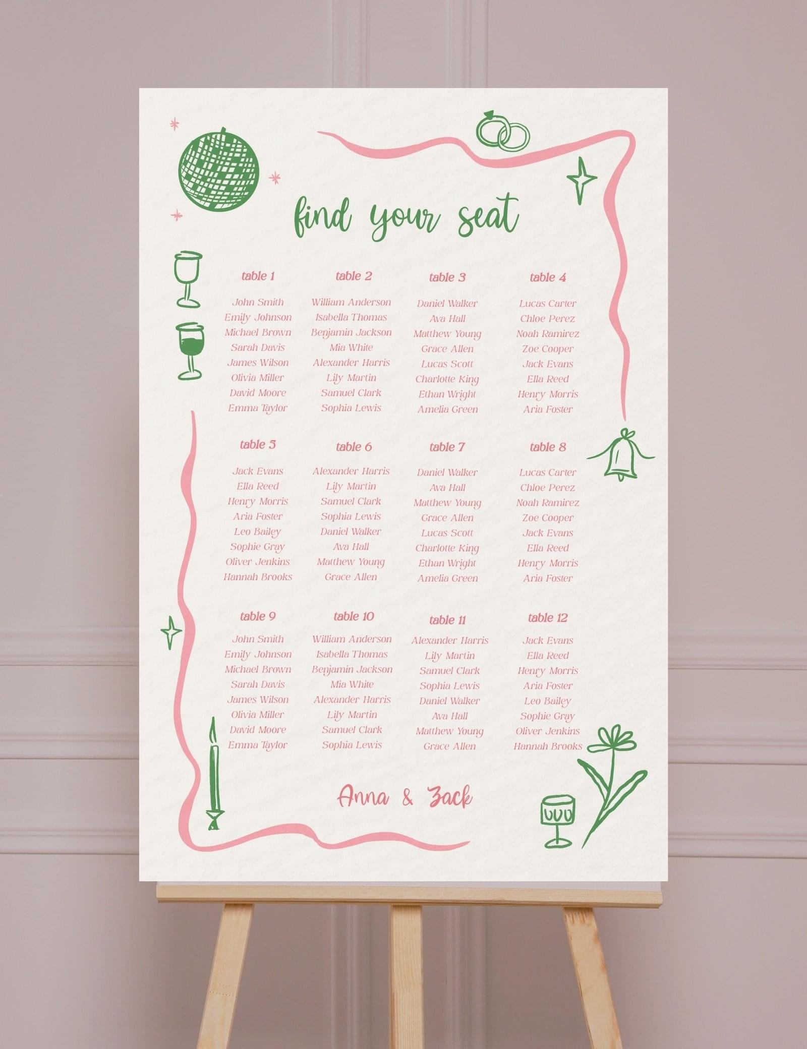 pink curvy line with silly party doodles 12 table seating chart template by munikoz