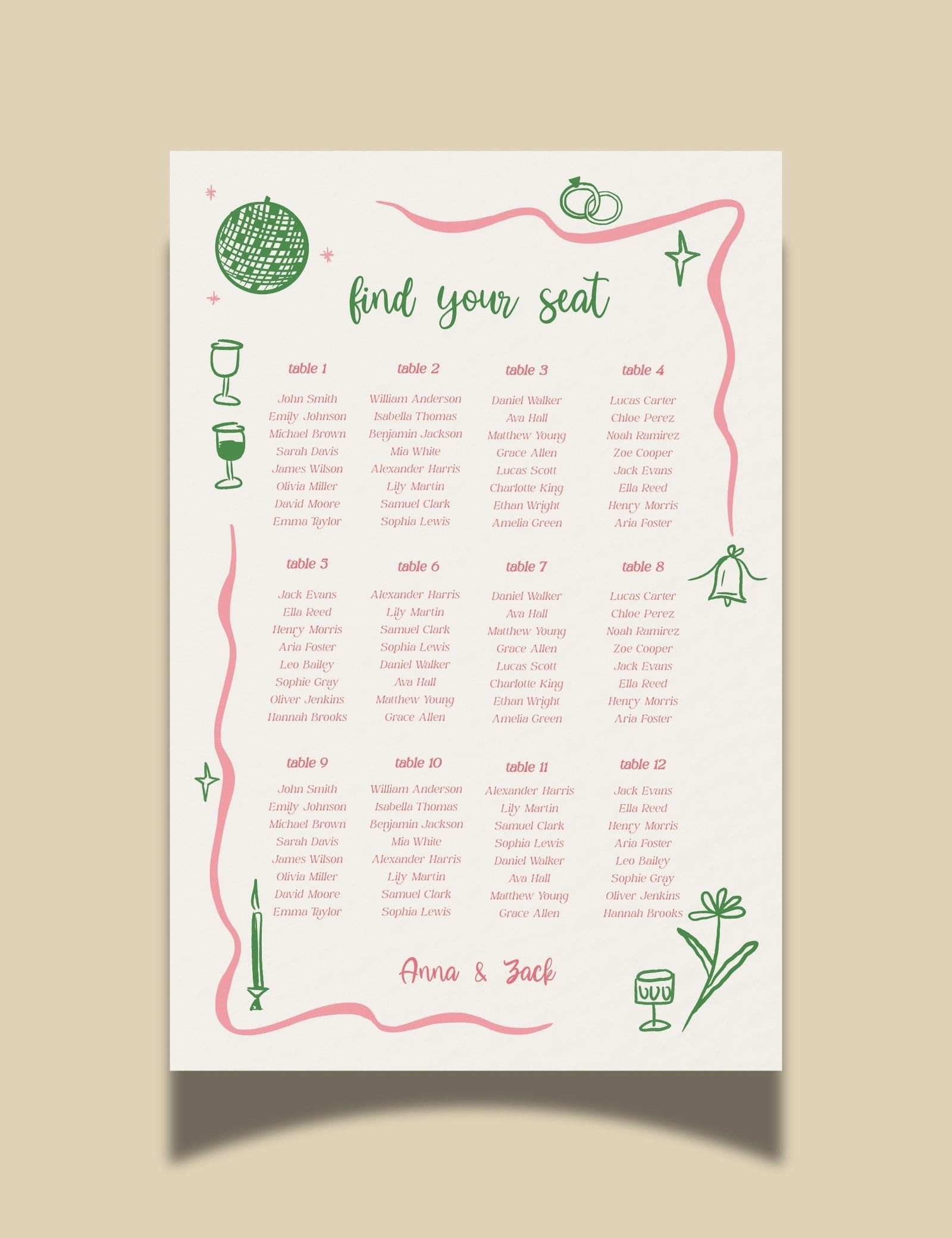 pink curvy line with silly party doodles 12 table seating chart template by munikoz