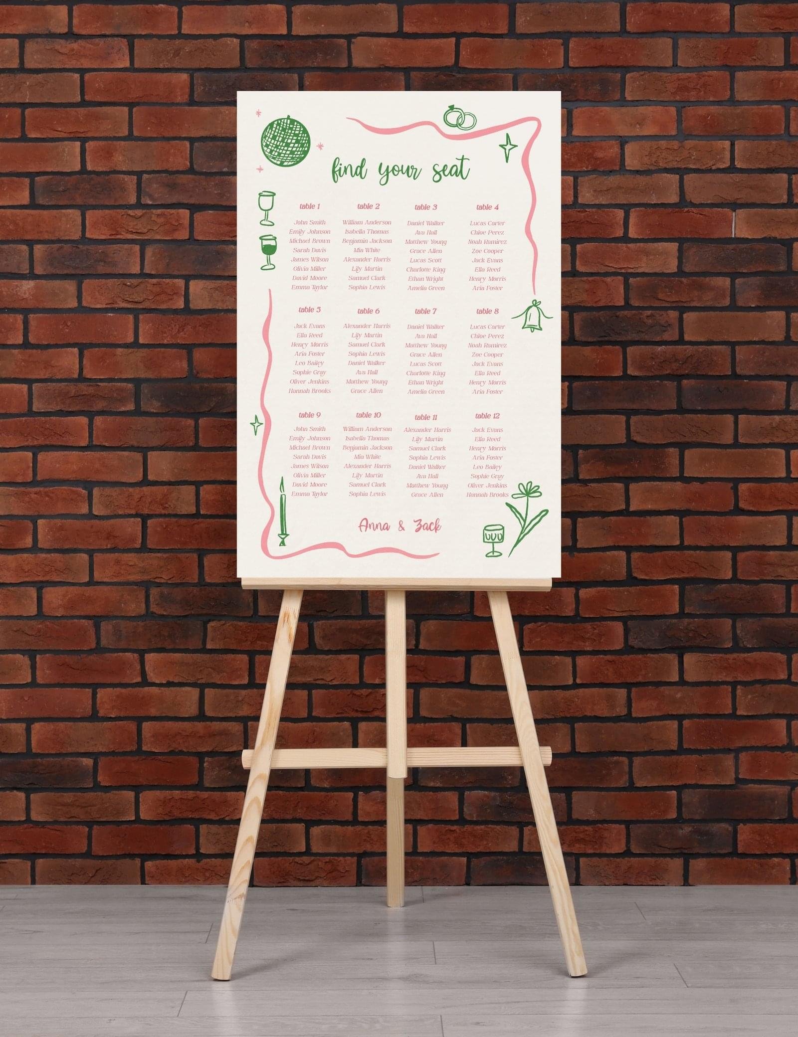 pink curvy line with silly party doodles 12 table seating chart template by munikoz