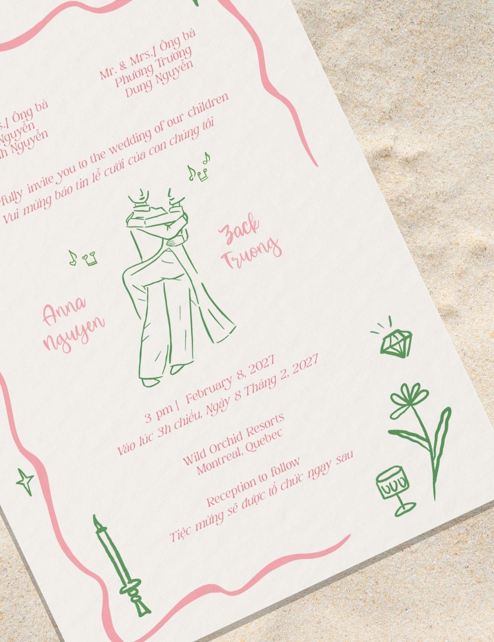 Bilingual Vietnamese Wedding Invitation Template Set Pink & Green Hand-Drawn Illustration RSVP & Details Cards Included