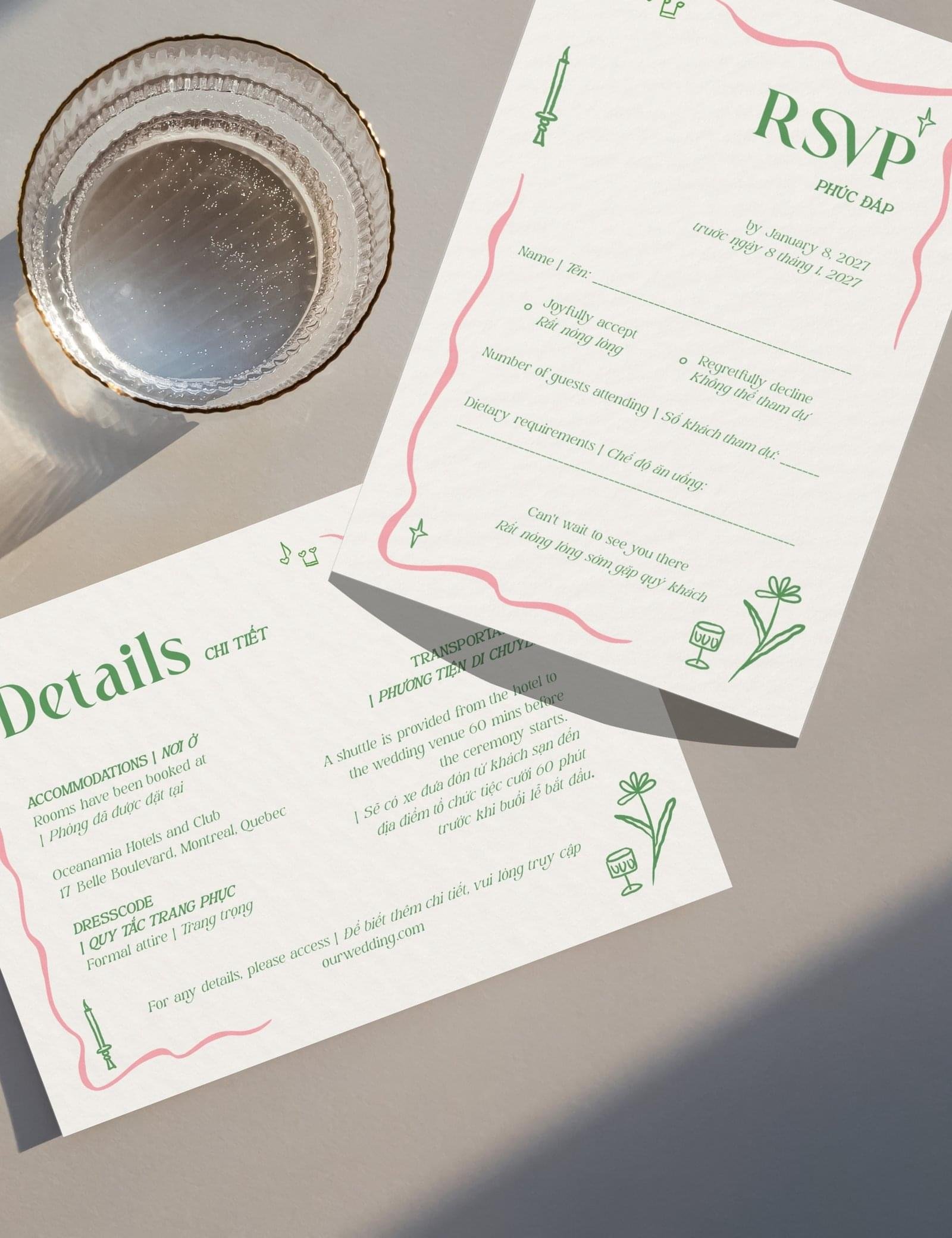 Bilingual Vietnamese Wedding Invitation Template Set Pink & Green Hand-Drawn Illustration RSVP & Details Cards Included