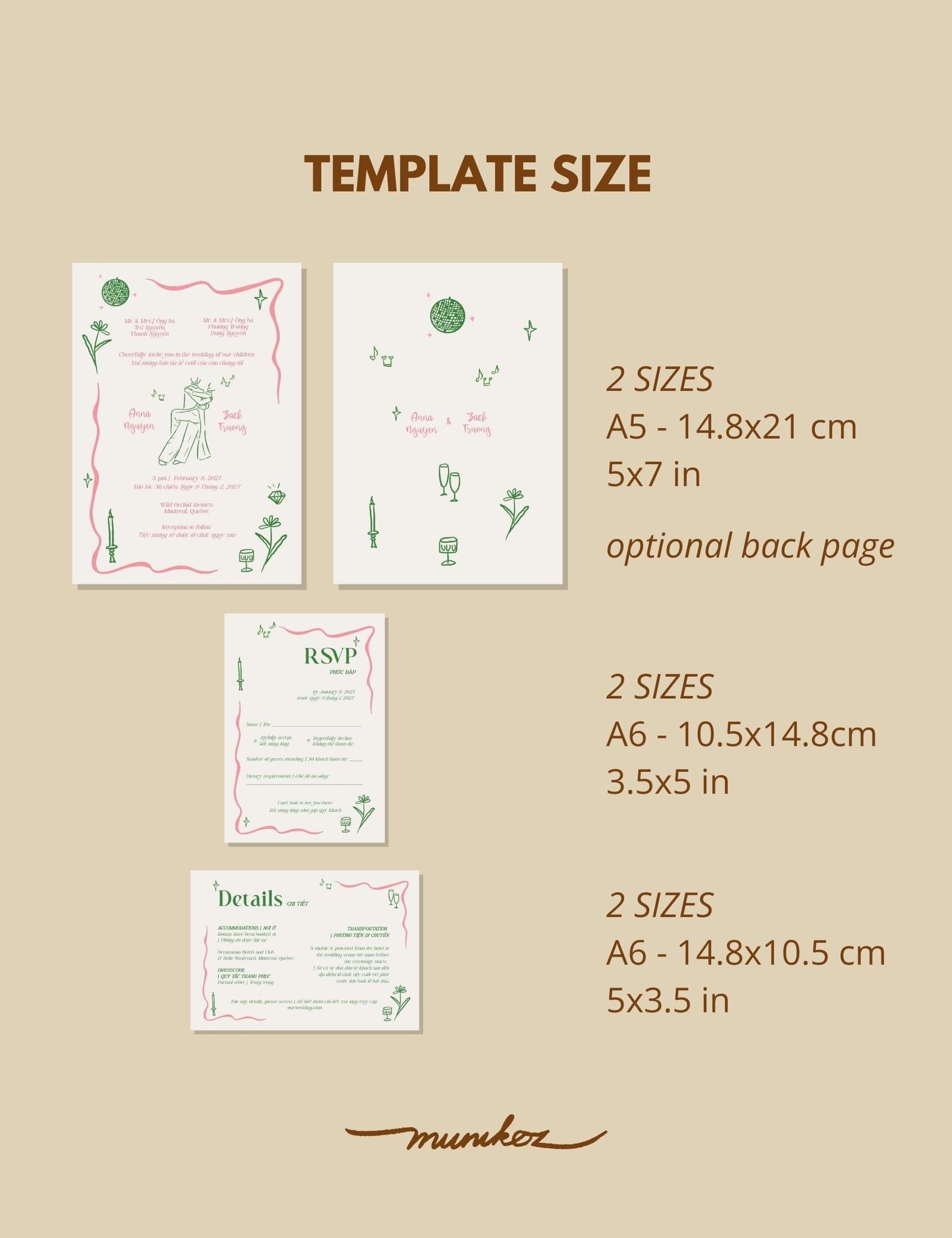 Bilingual Vietnamese Wedding Invitation Template Set Pink & Green Hand-Drawn Illustration RSVP & Details Cards Included
