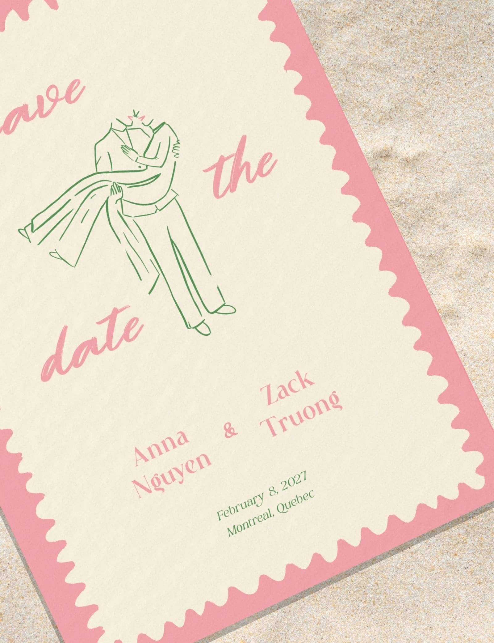 pink wavy frame vietnamese save the date template set by munikoz with groom holding the bride illustration