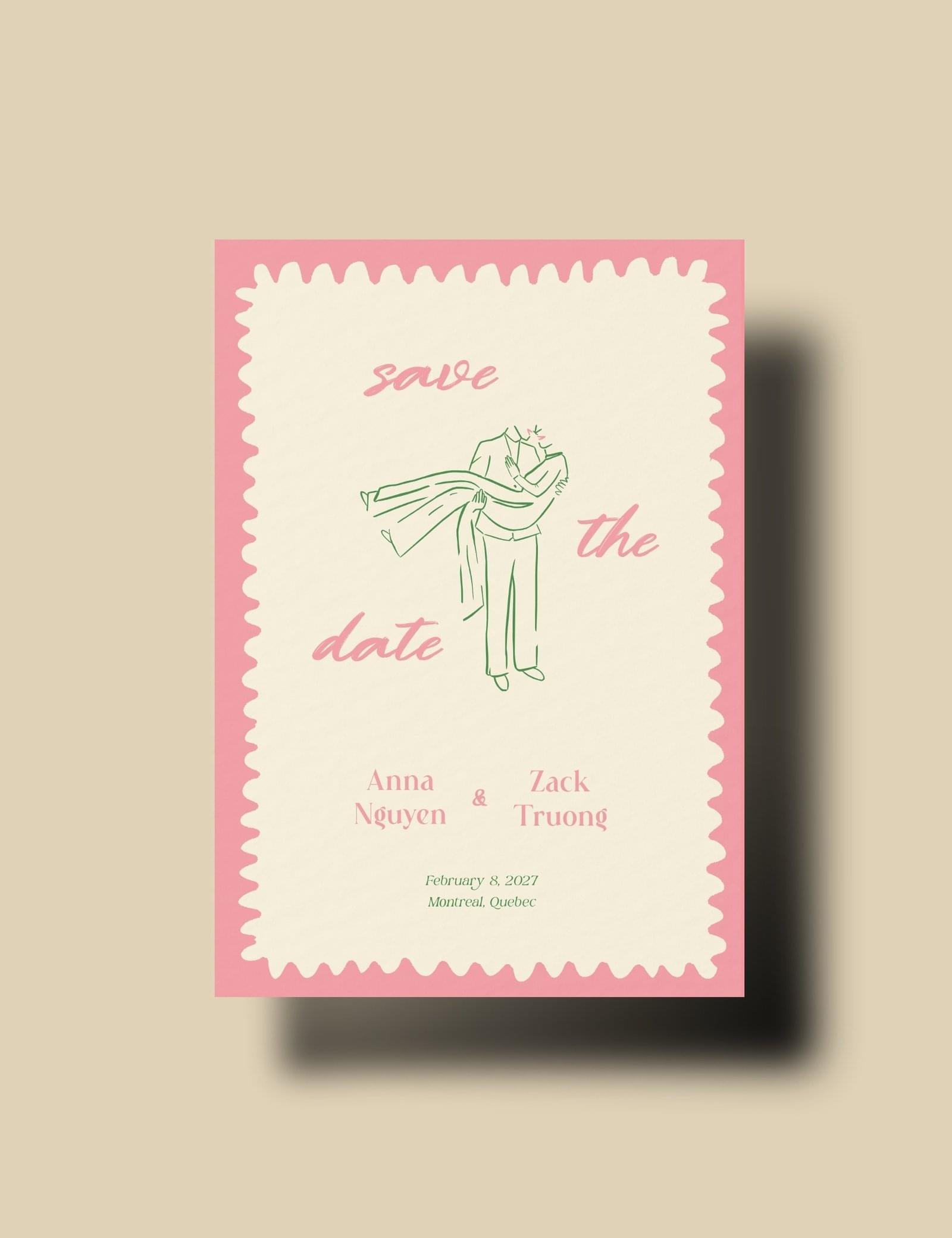 pink wavy frame vietnamese save the date template set by munikoz with groom holding the bride illustration