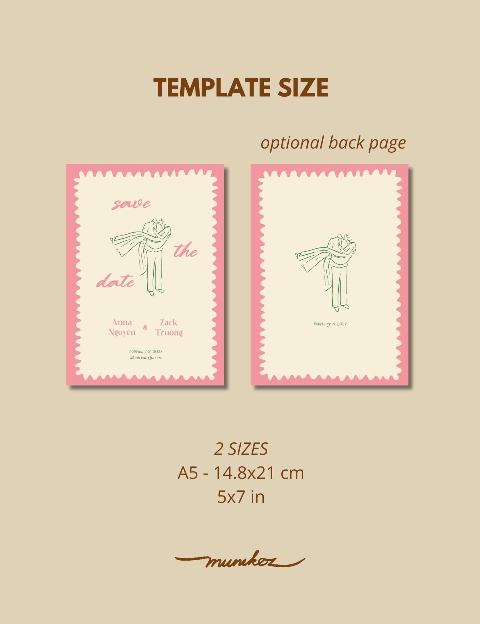 pink wavy frame vietnamese save the date template set by munikoz with groom holding the bride illustration