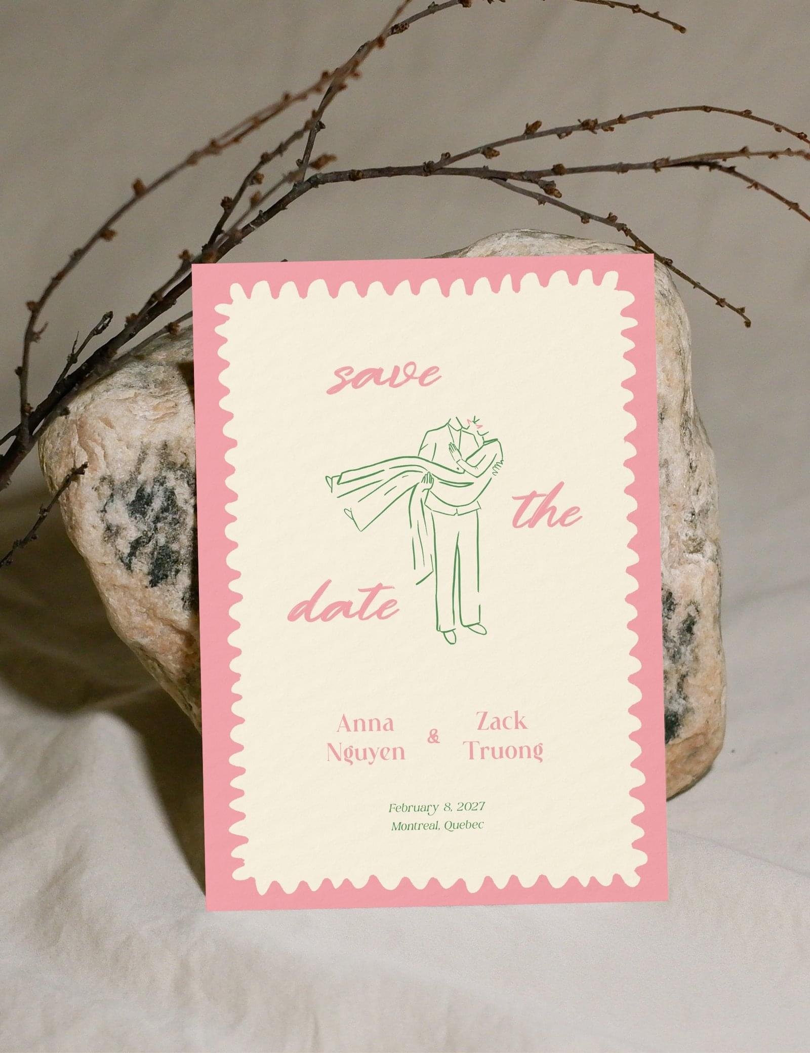 pink wavy frame vietnamese save the date template set by munikoz with groom holding the bride illustration