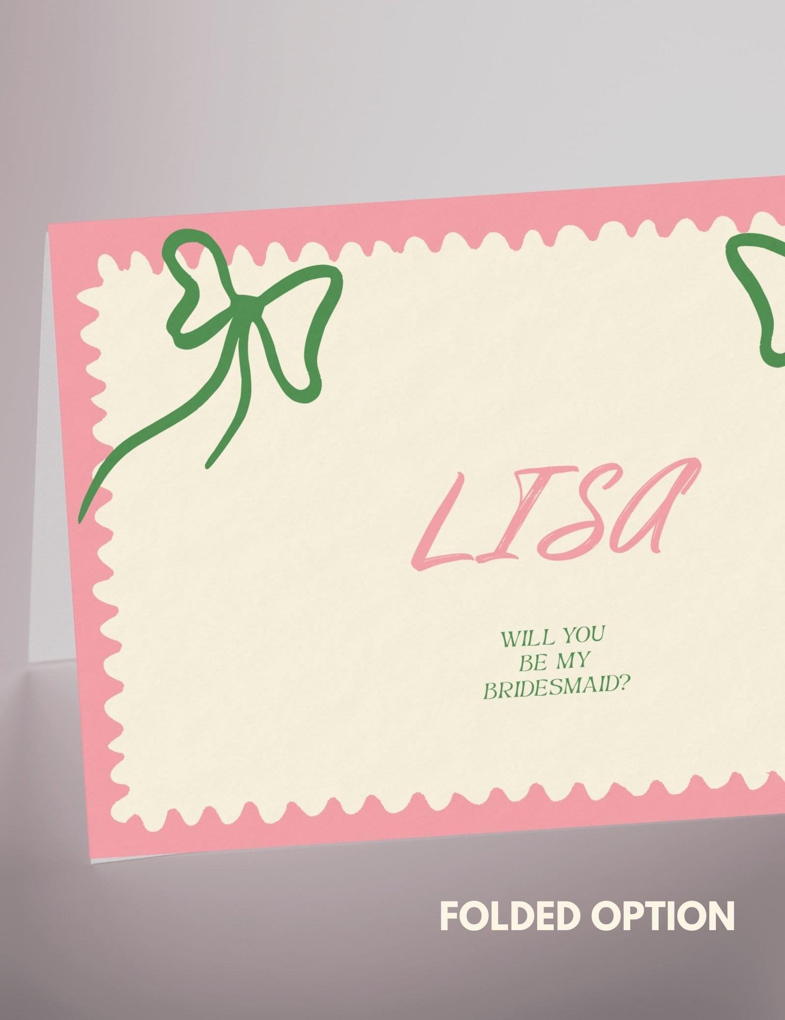 wavy frame with simple hand drawn bow bridesmaid proposal card template by munikoz