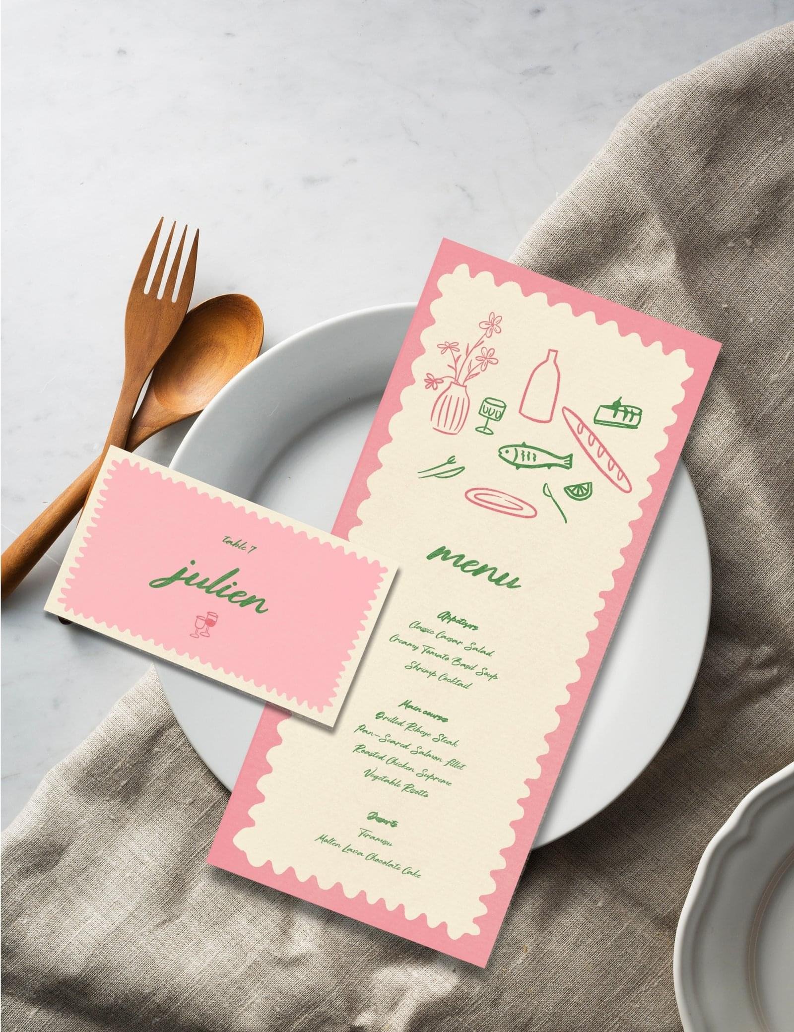 wavy frame with simple hand drawn dinning items menu and place card template by munikoz