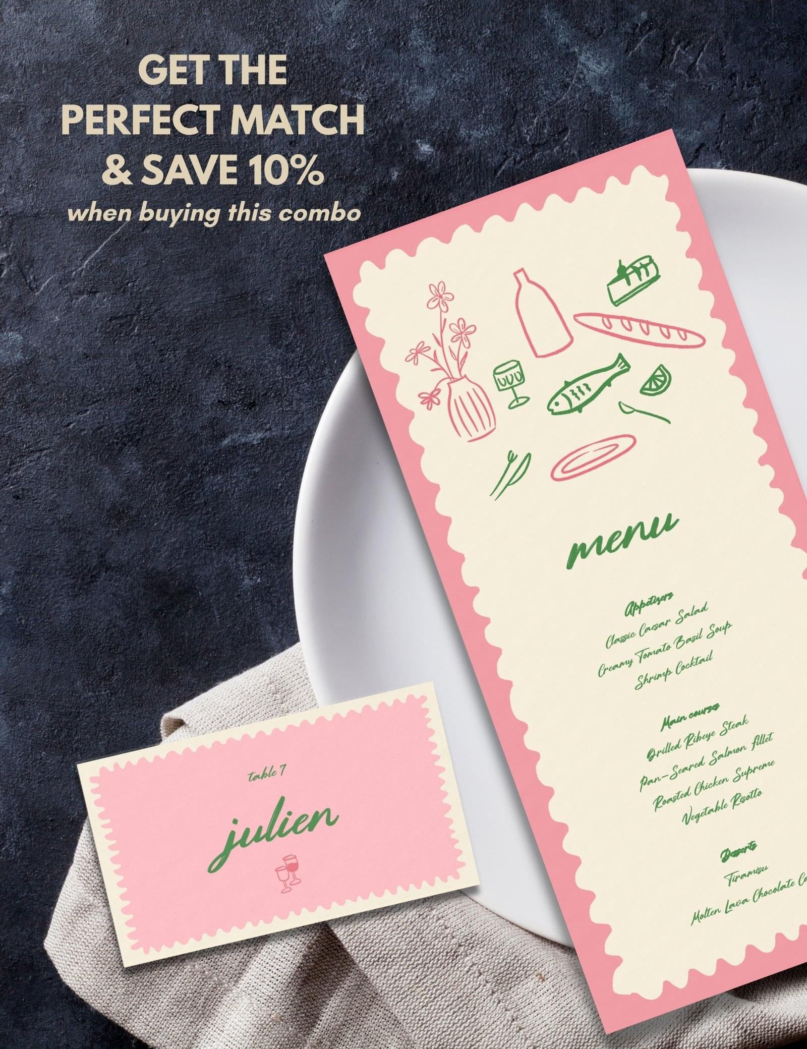 wavy frame with simple hand drawn dinning items menu and place card template by munikoz