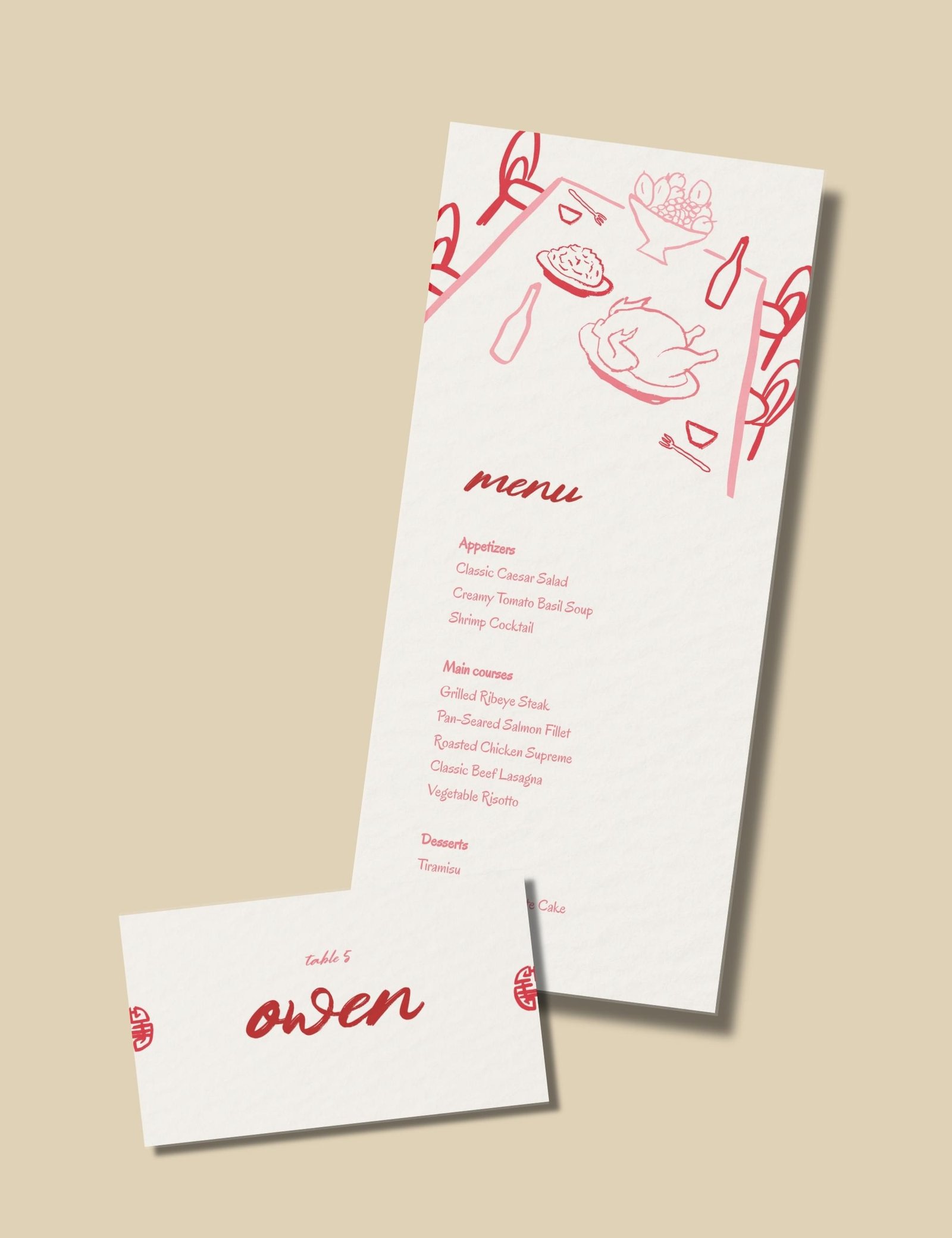 minimal red hand drawn menu card and place card with dining party doodles
