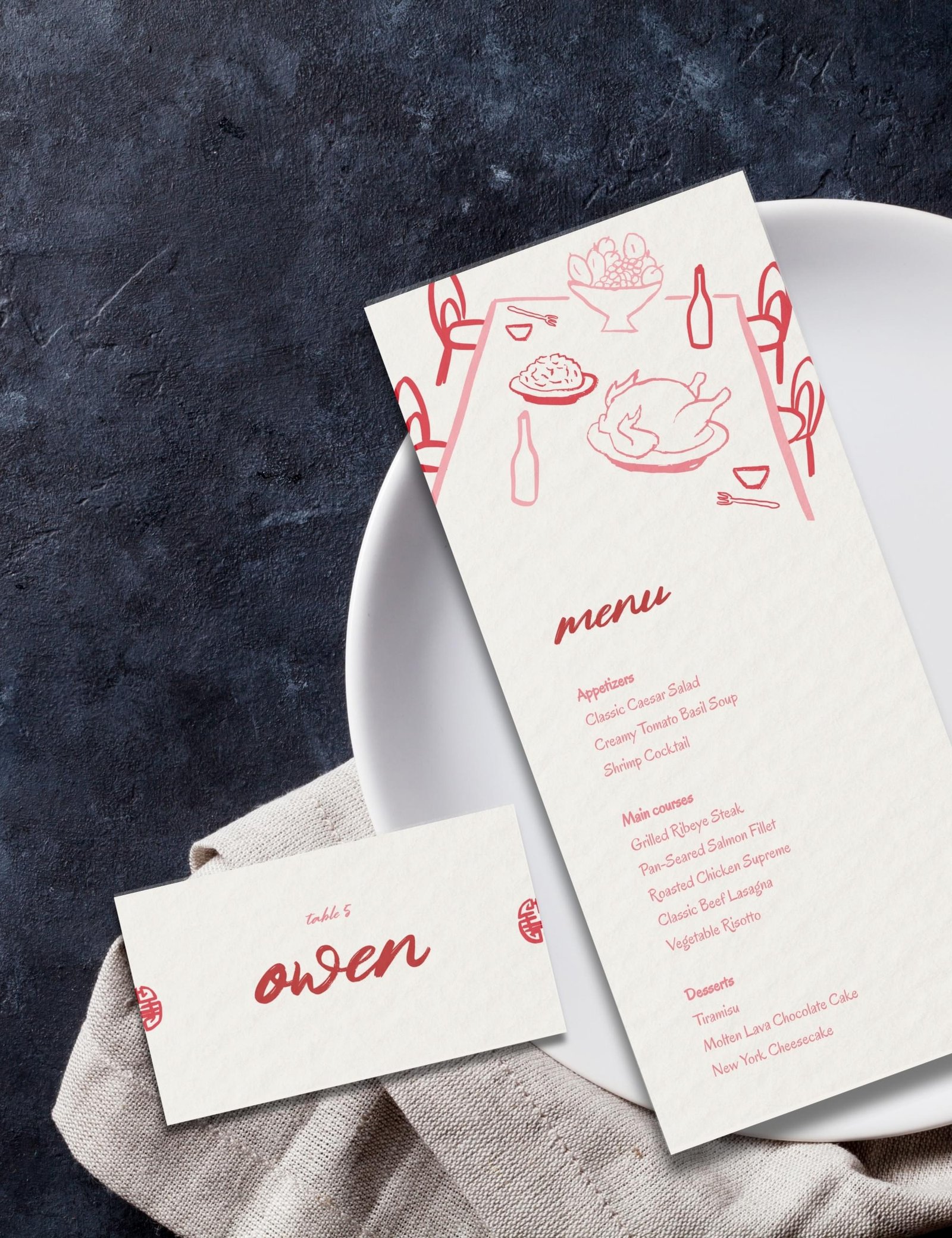 minimal red hand drawn menu card and place card with dining party doodles
