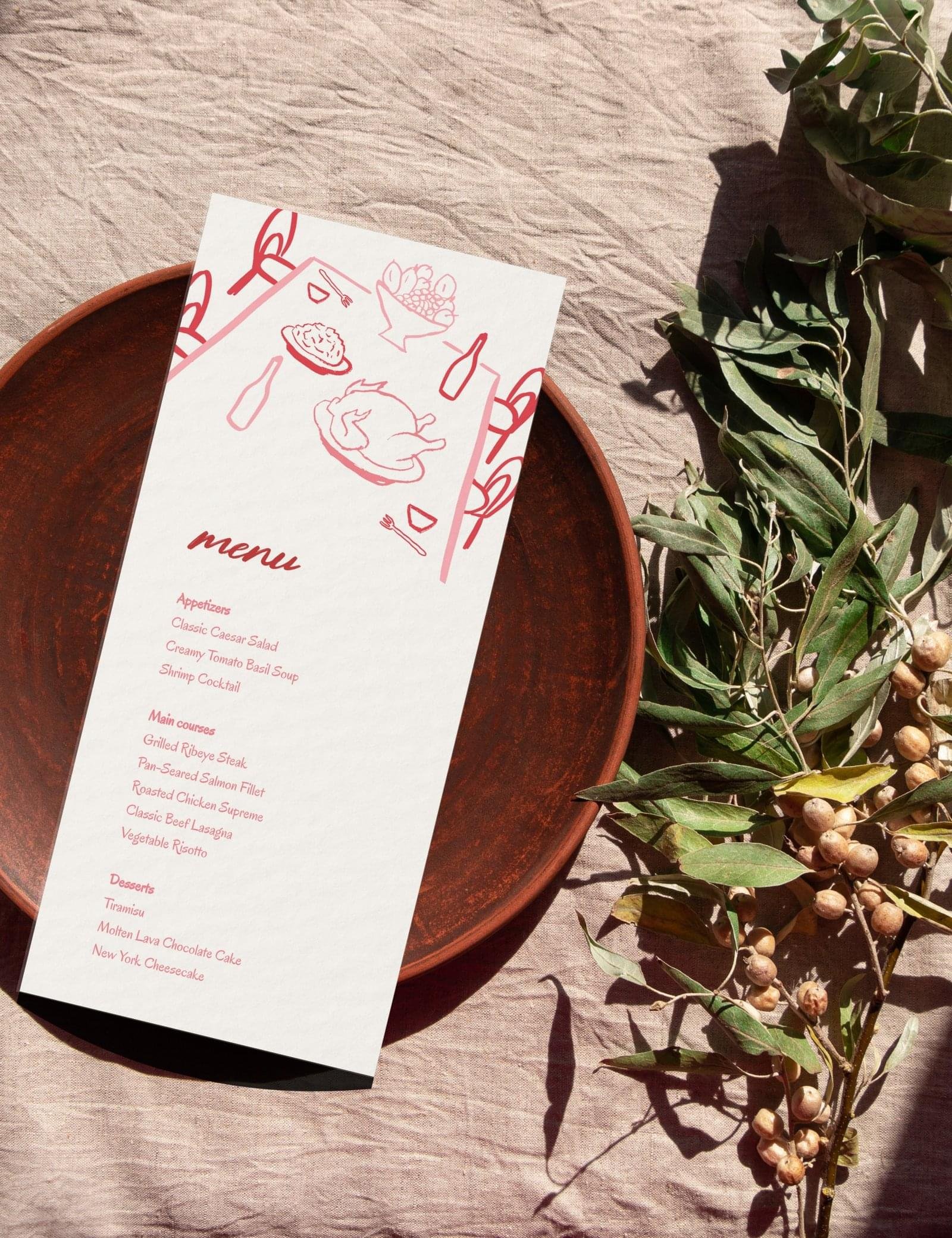 red menu card with vietnamese food party table hand drawn illustration on beige background