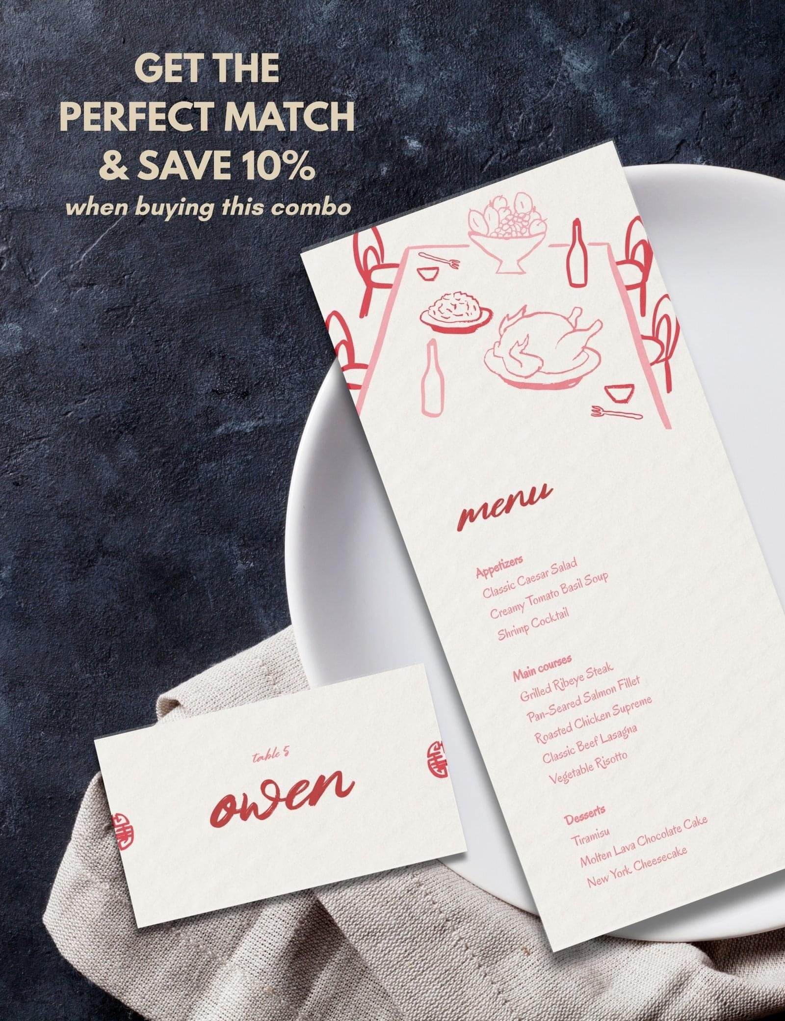 minimal red hand drawn menu card and place card with dining party doodles