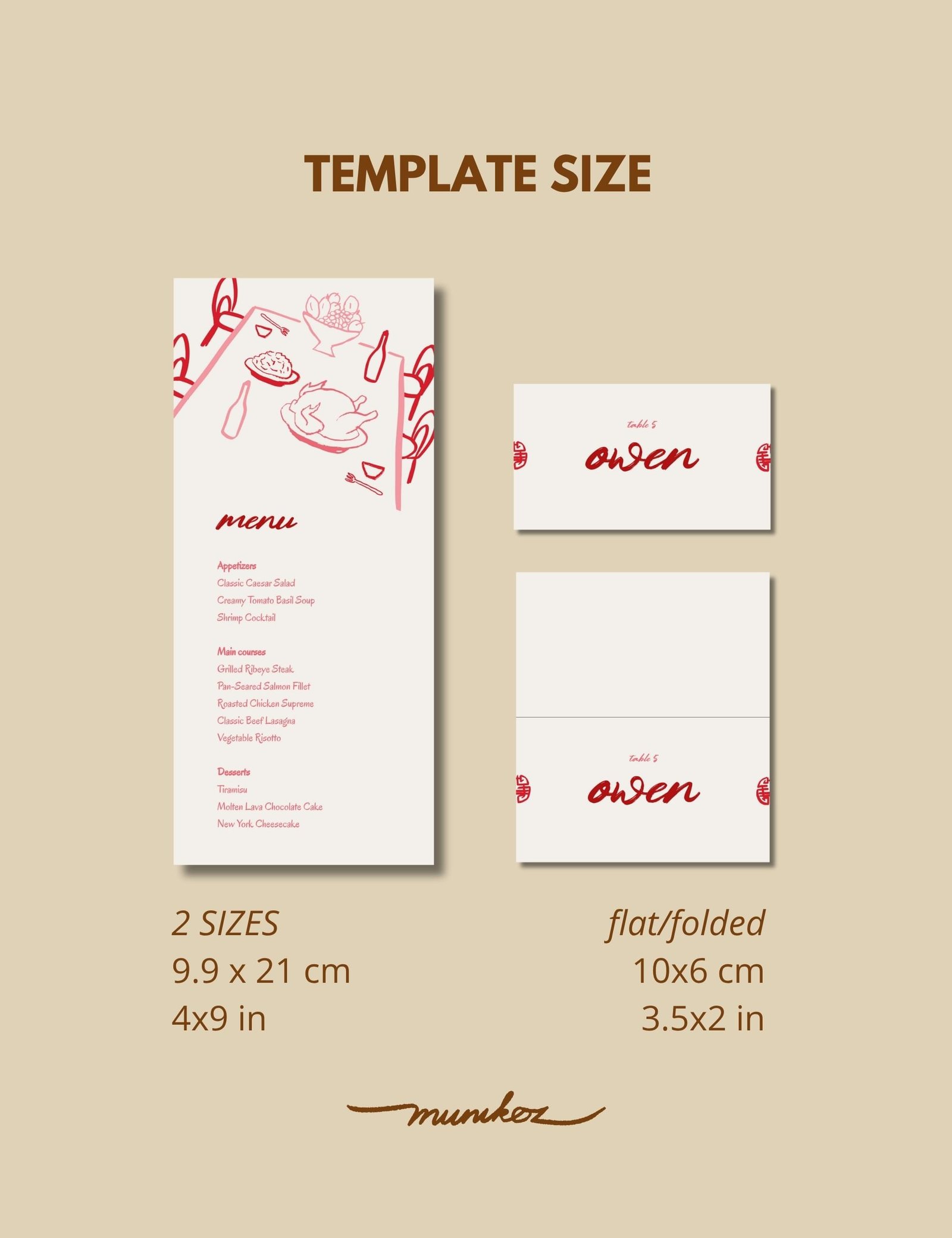 size of minimal red hand drawn menu card and place card with dining party doodles