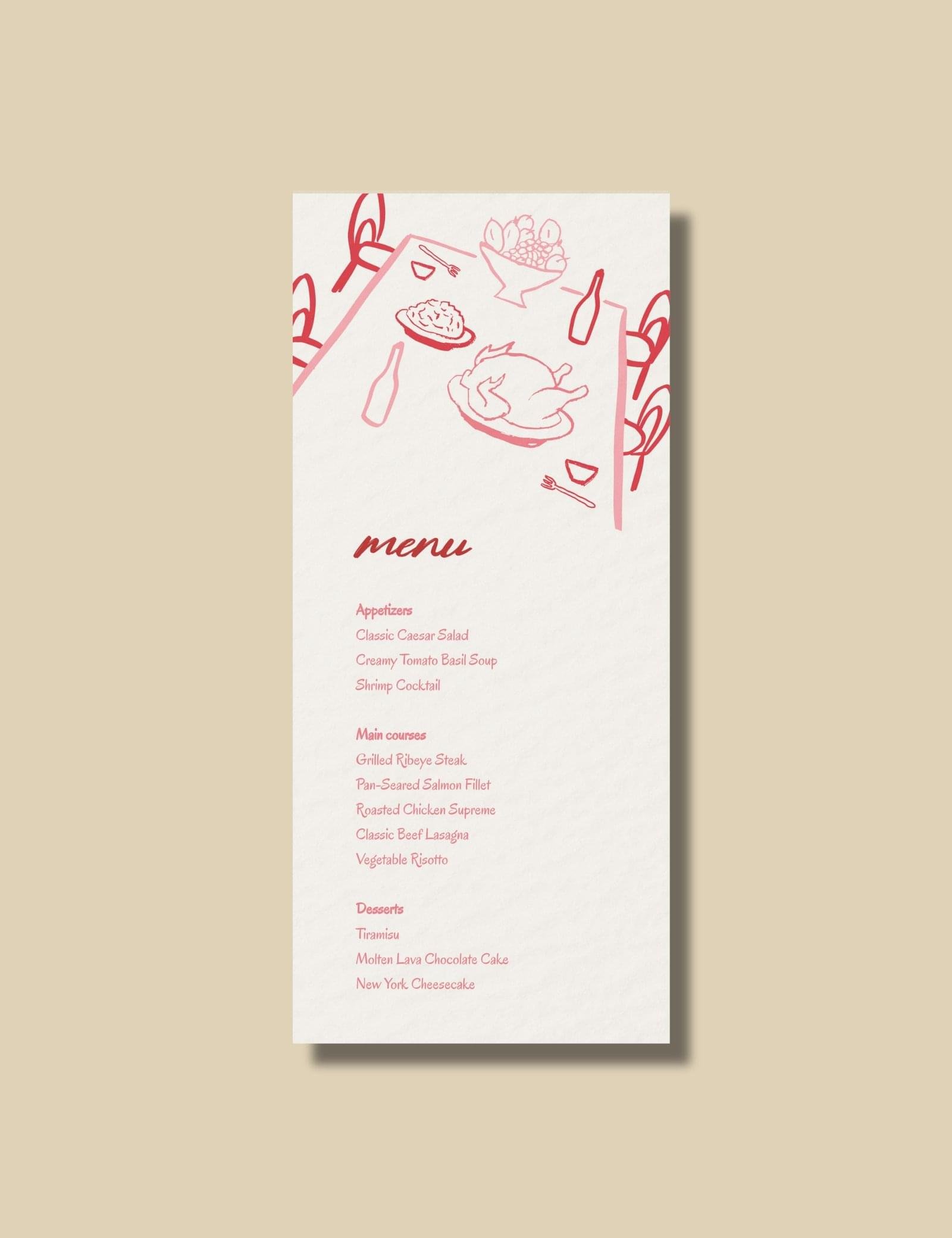 matching red menu card and place card with vietnamese food party table hand drawn illustration on beige background for vietnamese wedding chinese wedding