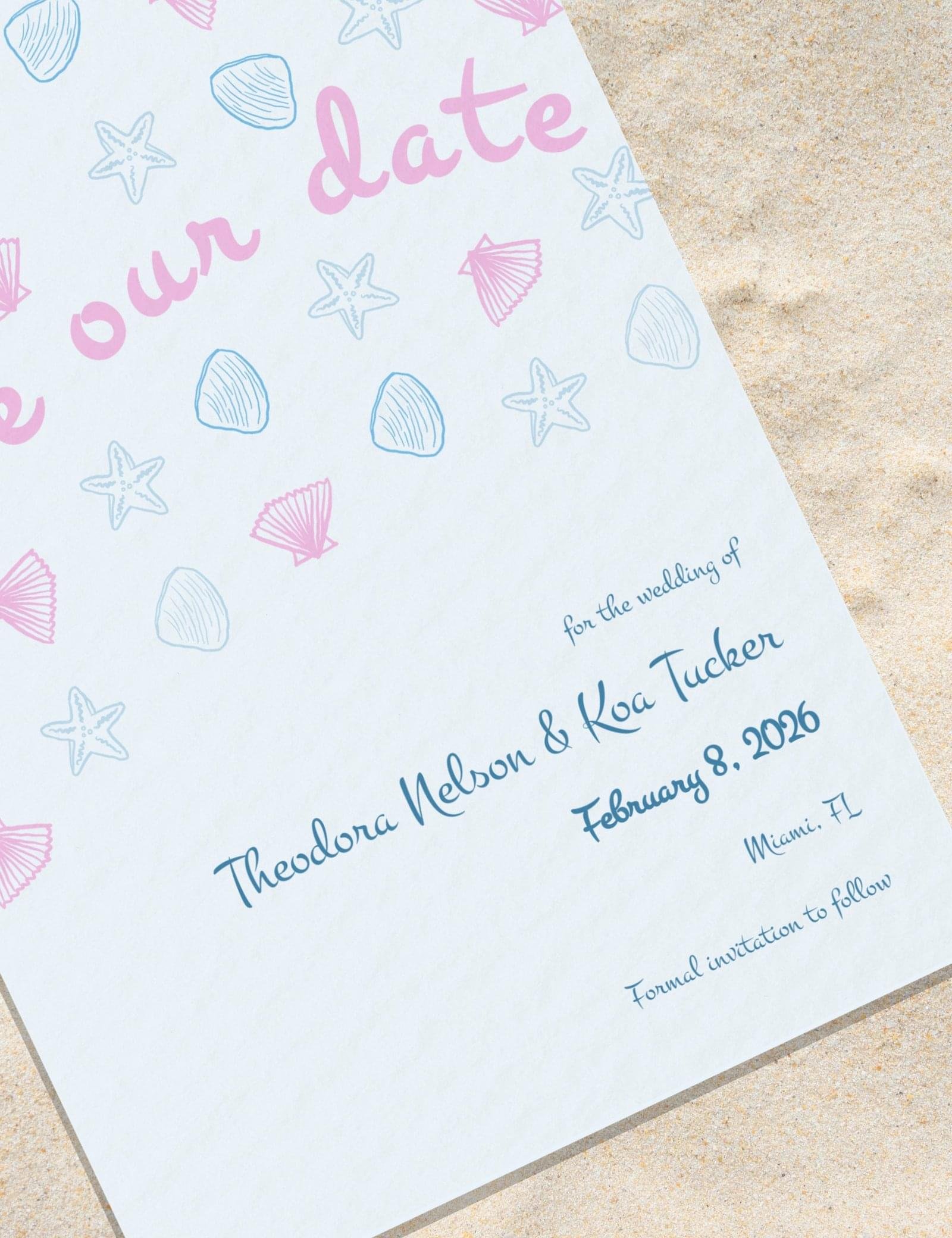 hand drawn seashell save the date card template for coastal wedding theme by munikoz