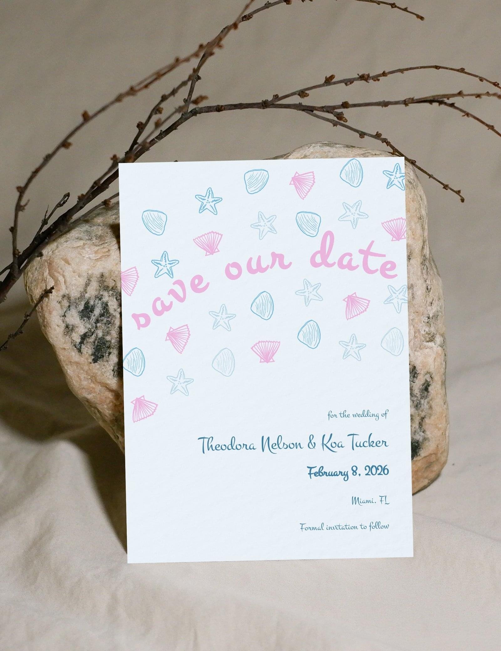 hand drawn seashell save the date card template for coastal wedding theme by munikoz