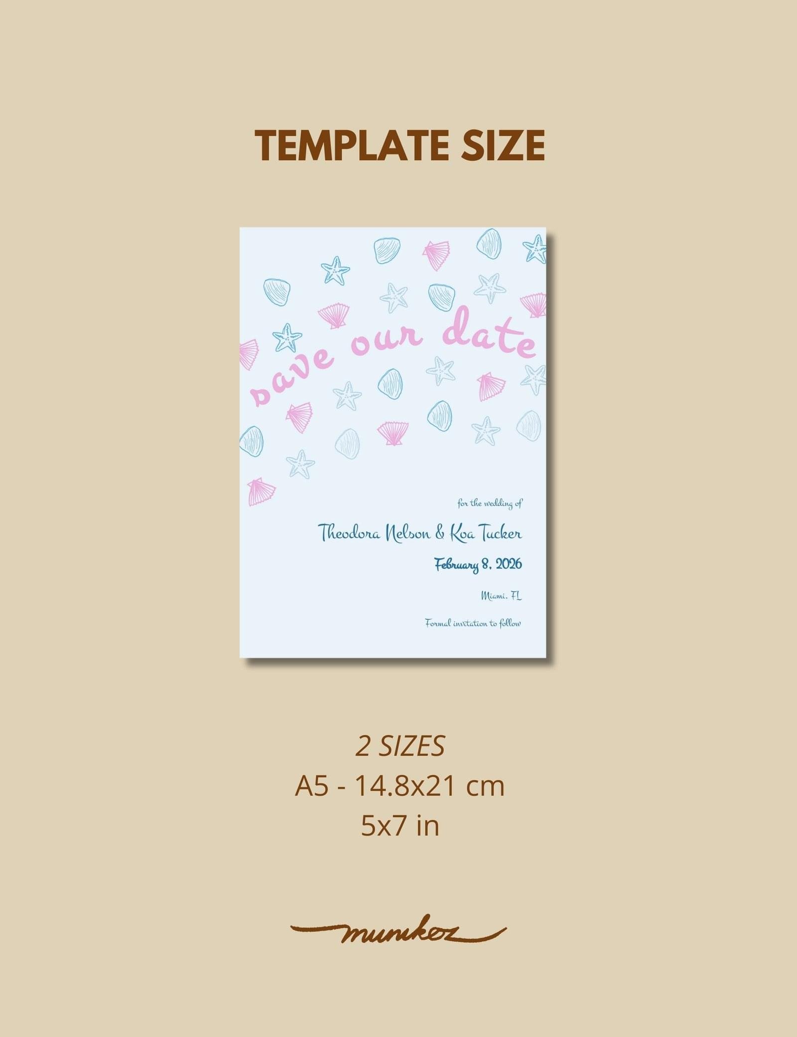 hand drawn seashell save the date card template for coastal wedding theme by munikoz