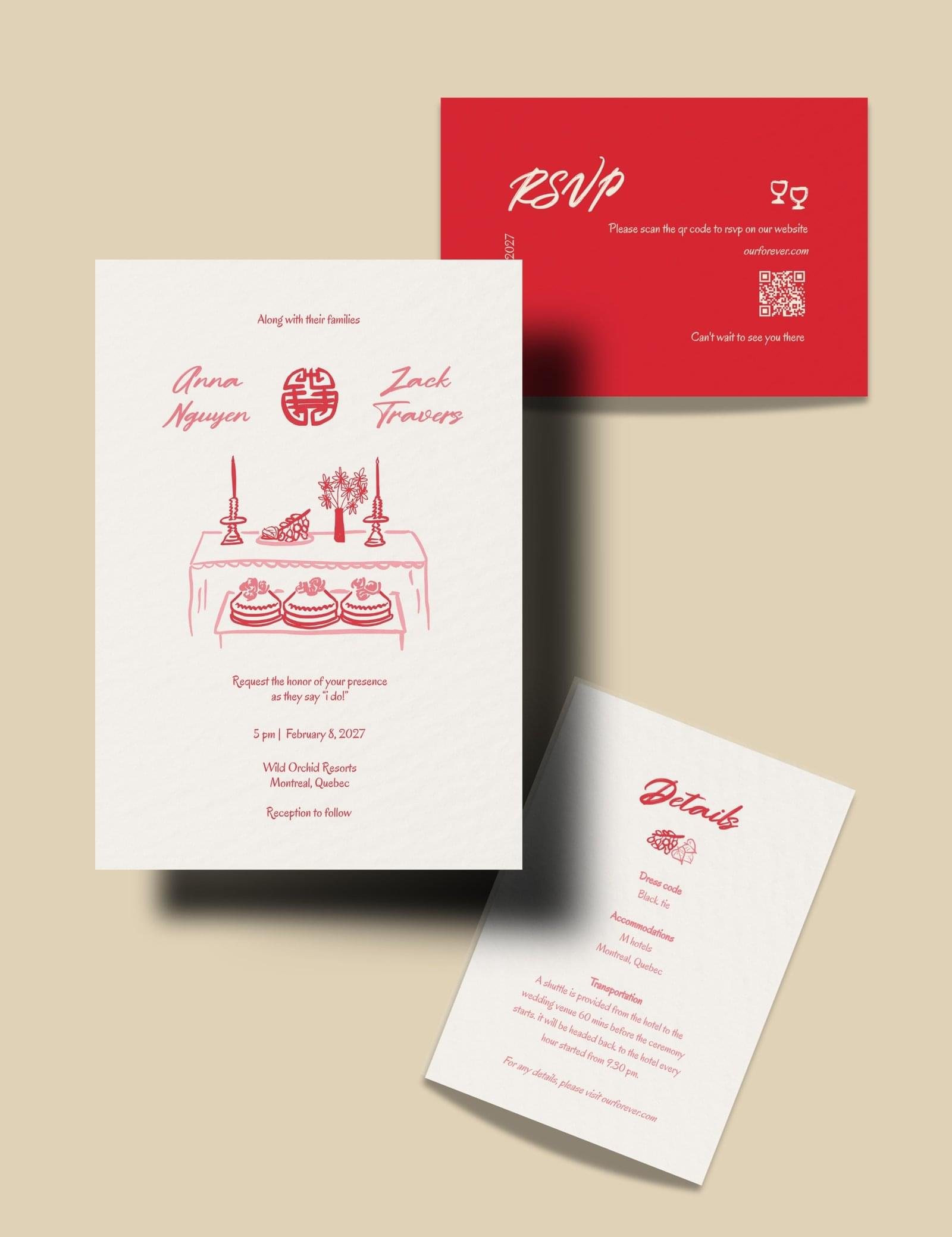 red vietnamese ancestor altar wedding ceremony wedding invitation with rsvp card and detail card