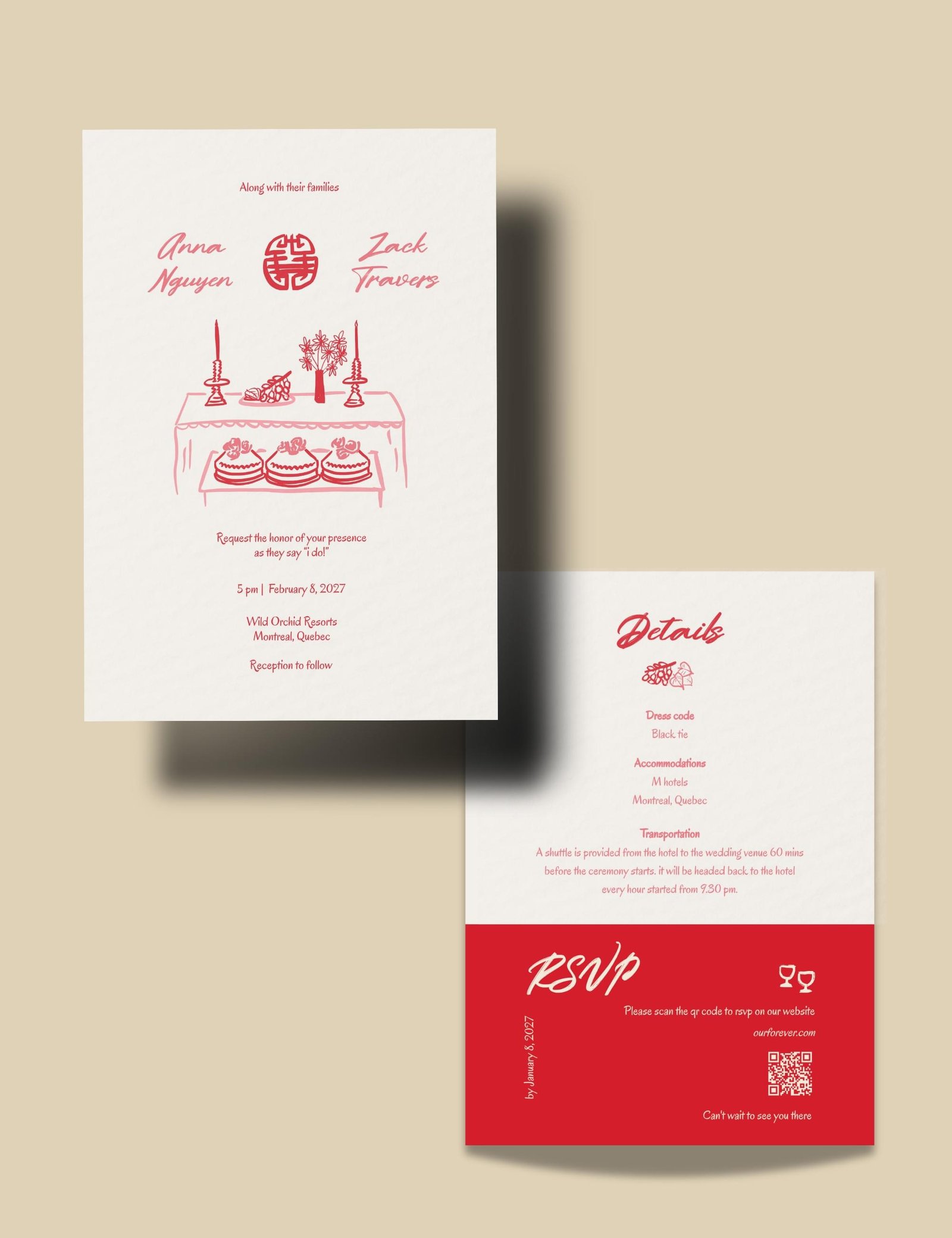 red vietnamese ancestor altar wedding ceremony double sided wedding invitation with rsvp and detail card