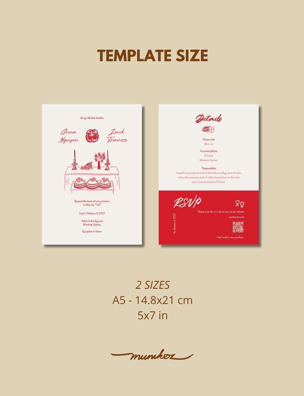 size of double sided wedding invitation template set with vietnamese ancestor altar ceremony illustrations