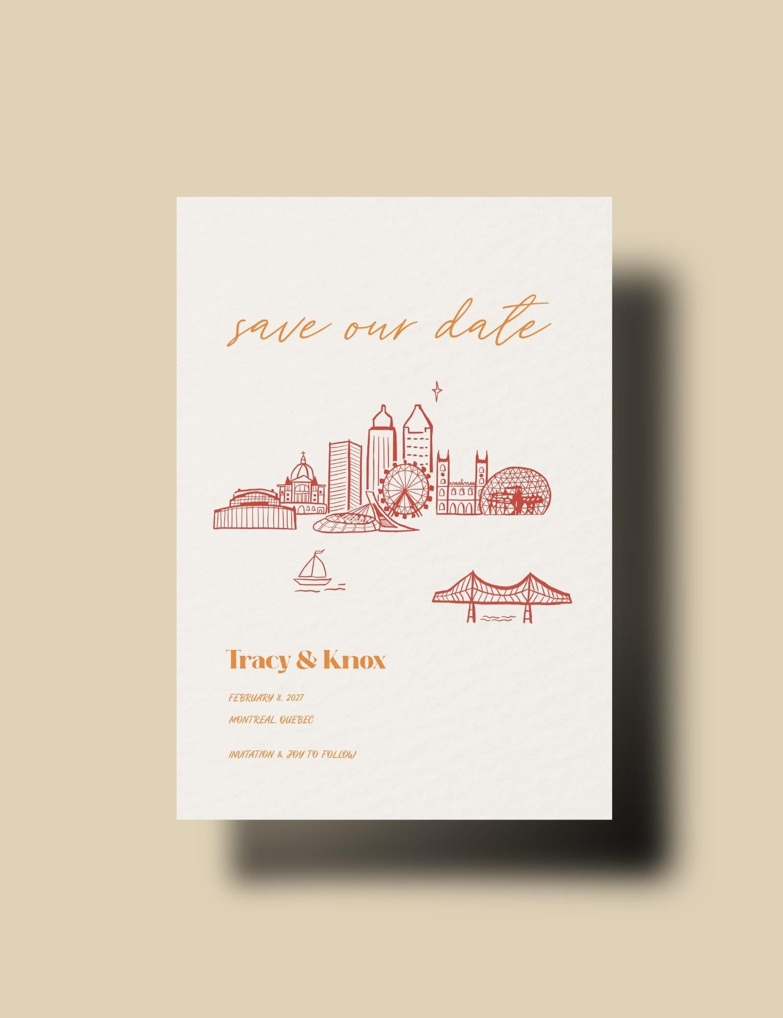 montreal save the date with hand drawn city canada theme destination wedding