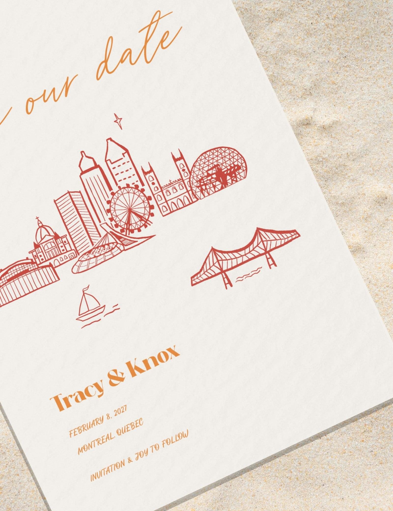 montreal save the date with hand drawn city canada theme destination wedding