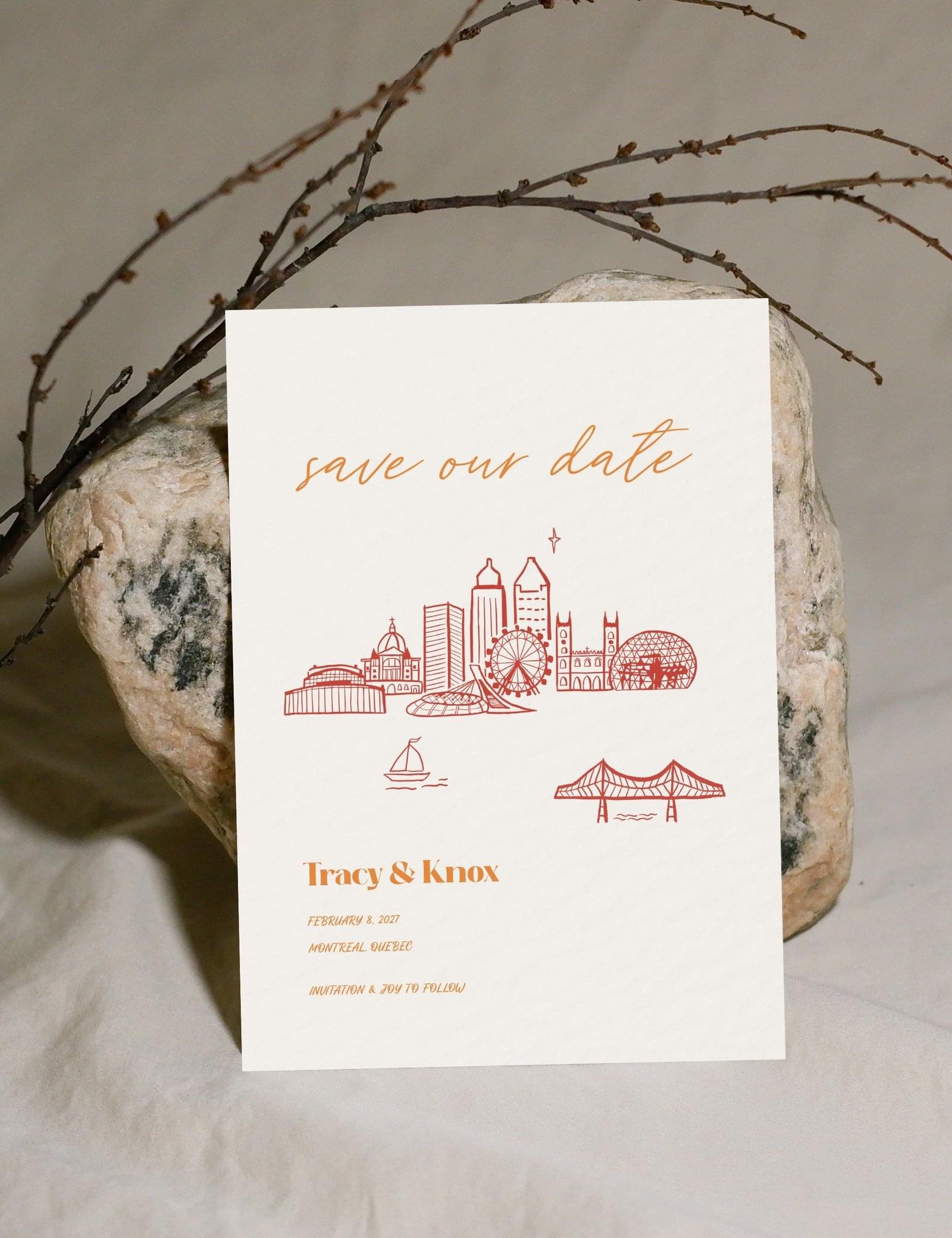 montreal save the date with hand drawn city canada theme destination wedding