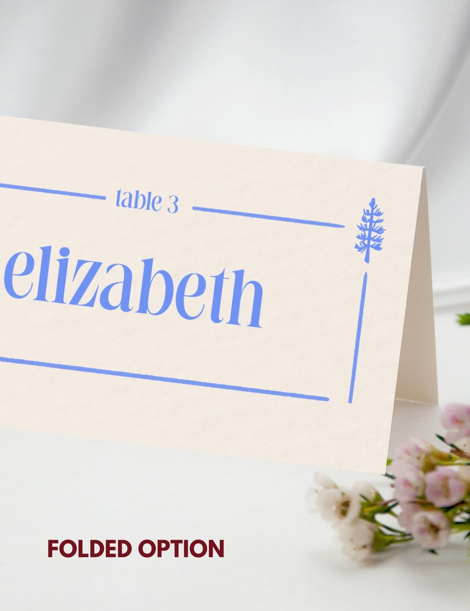 place card with hand drawn pine tree illustration by munikoz for canada destination wedding