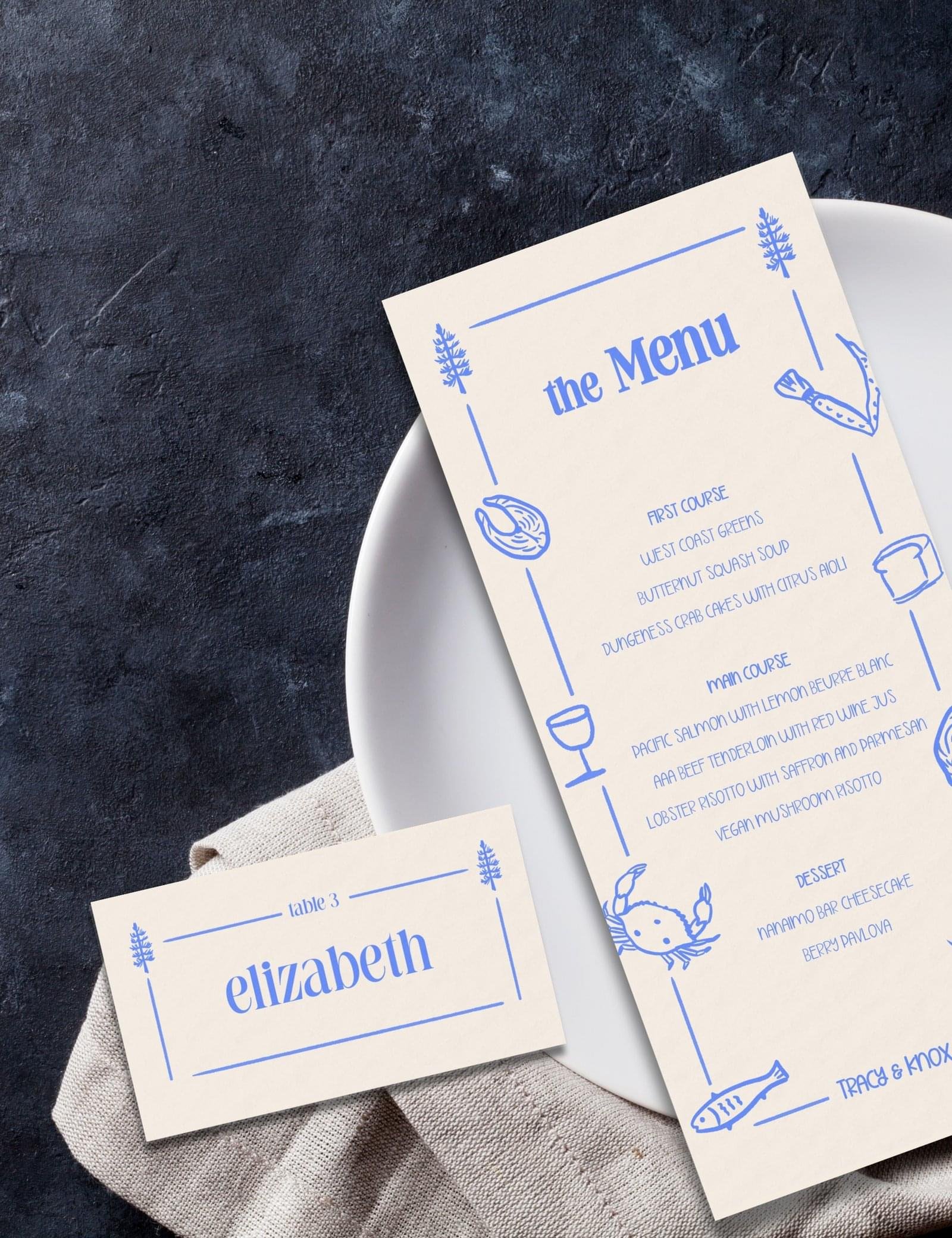 seafoods menu card with hand drawn pine tree illustration by munikoz for canada destination wedding