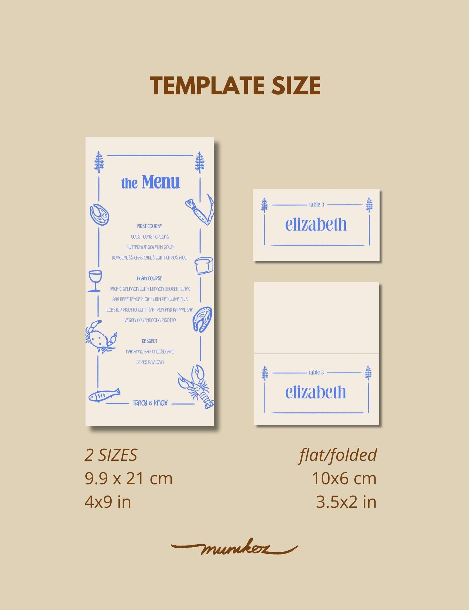 hand drawn pine tree and seafoods menu card and place card template by munikoz for canada destination wedding