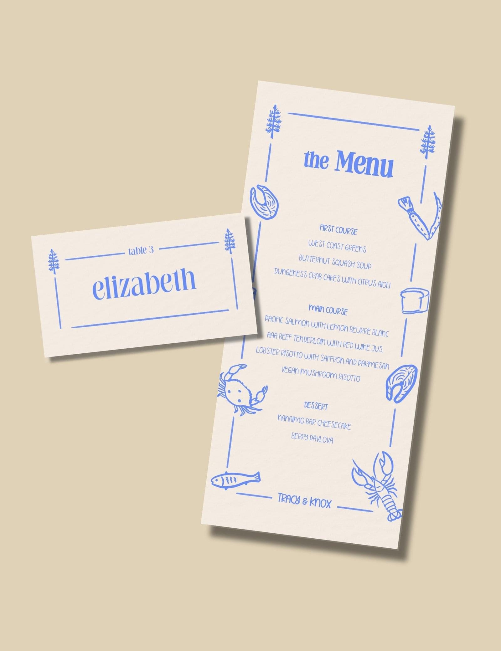 seafoods menu card and place card with hand drawn pine tree illustration by munikoz for canada destination wedding